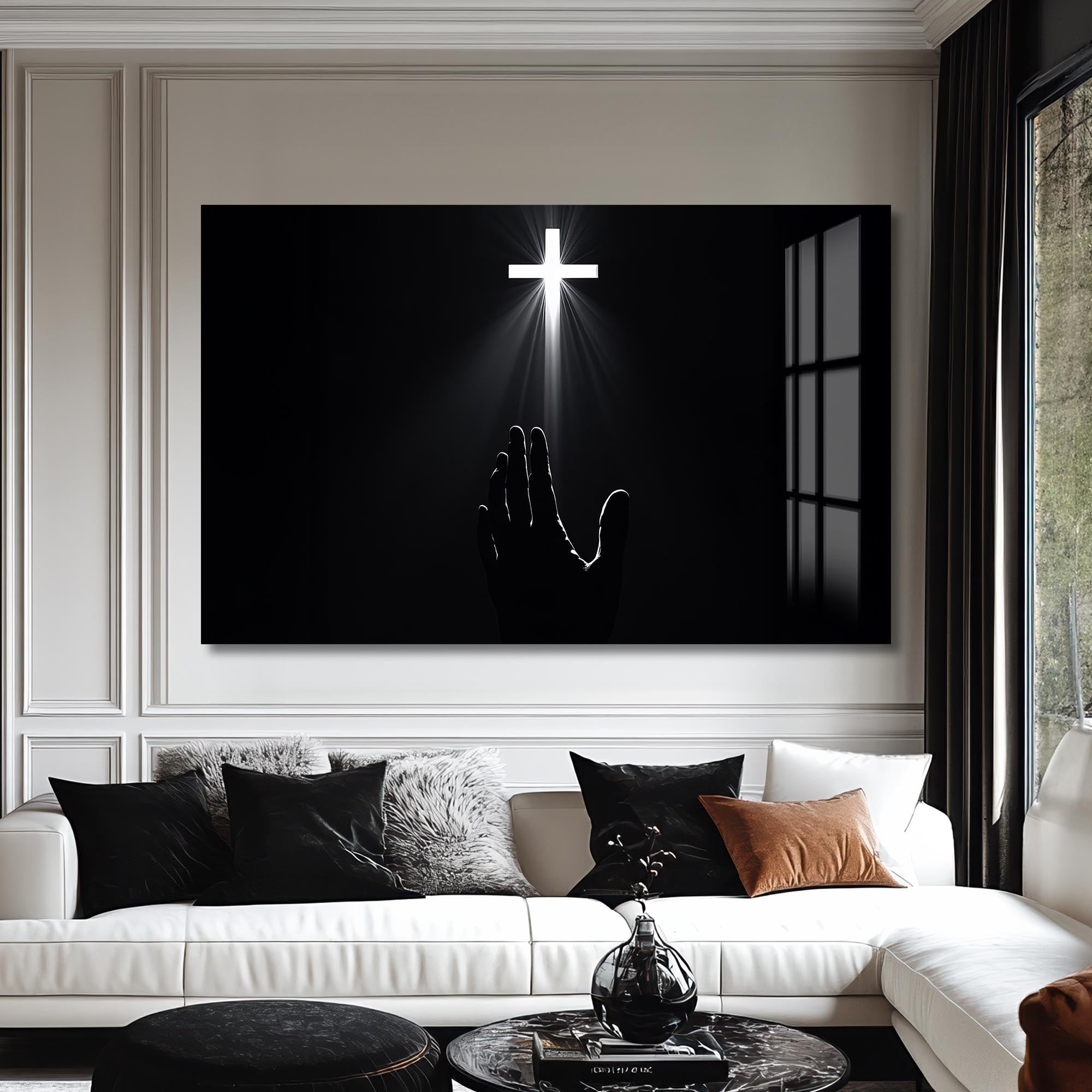 Artronauts Glass Print Reaching Toward the Cross- Christian Tempered Glass Wall Art