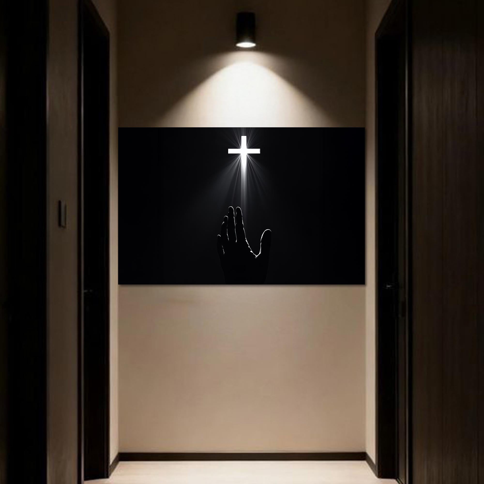 Artronauts Glass Print Reaching Toward the Cross- Christian Tempered Glass Wall Art