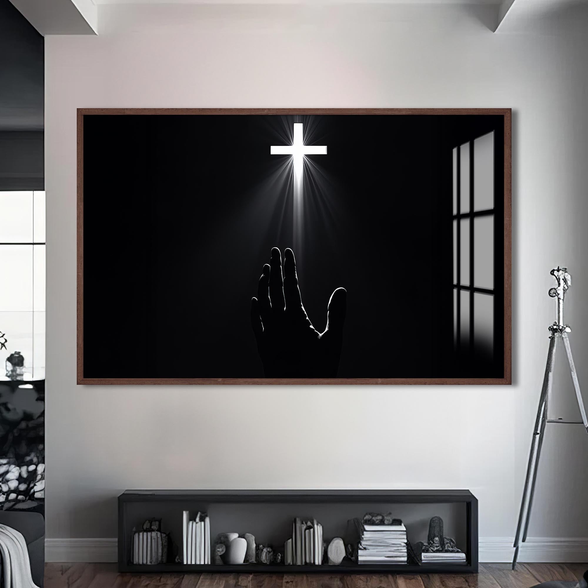 Artronauts Glass Print S | 72x46 cm | 28.3"x18.1" / Walnut Reaching Toward the Cross- Christian Tempered Glass Wall Art