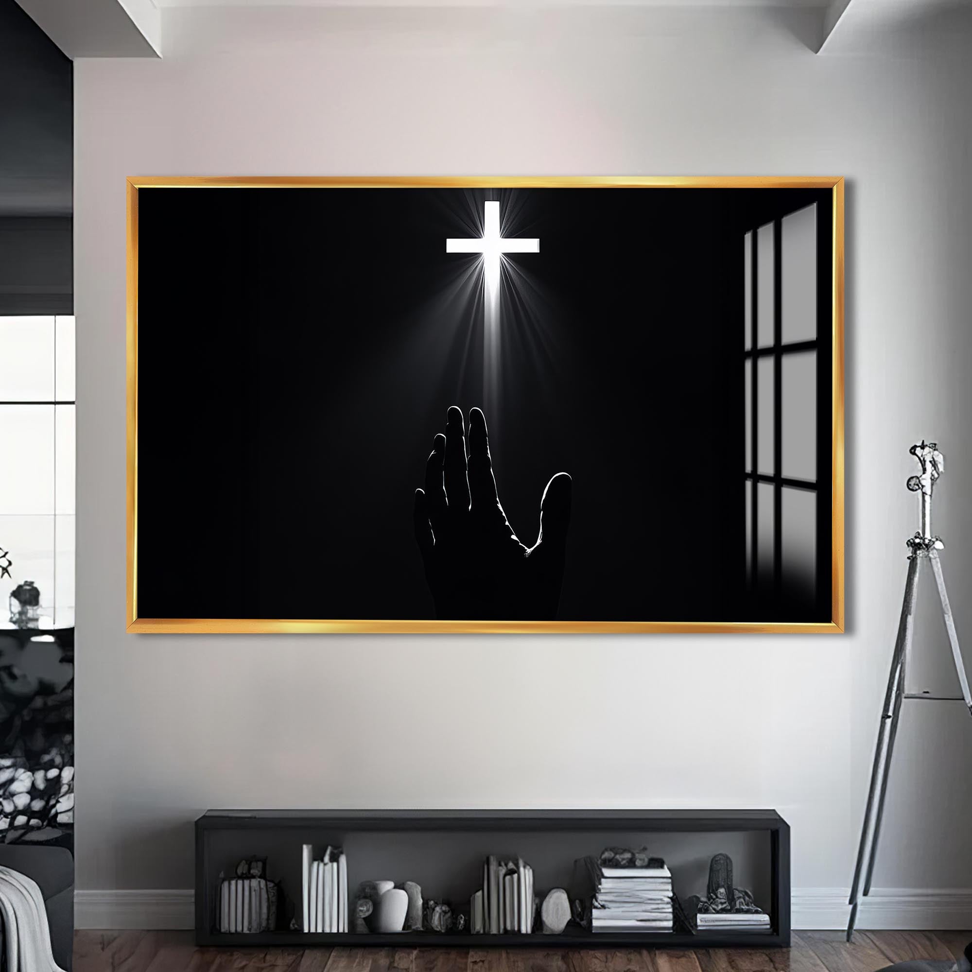 Artronauts Glass Print S | 72x46 cm | 28.3"x18.1" / Gold Reaching Toward the Cross- Christian Tempered Glass Wall Art
