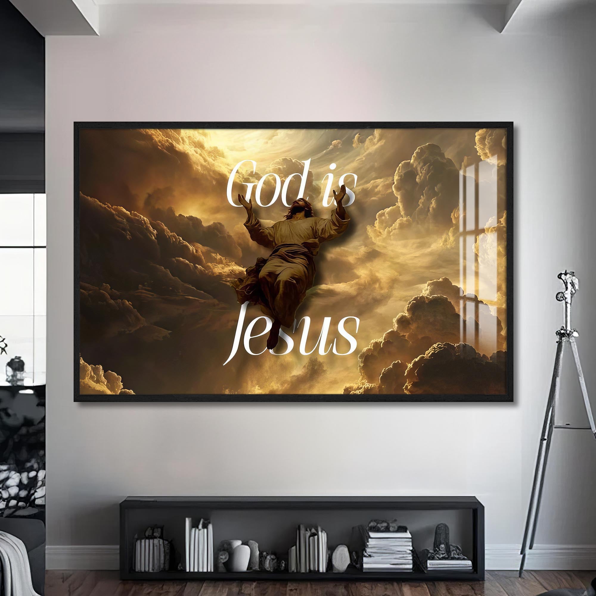 Artronauts Glass Print S | 72x46 cm | 28.3"x18.1" / Black God Is Jesus- Christian Tempered Glass Wall Art