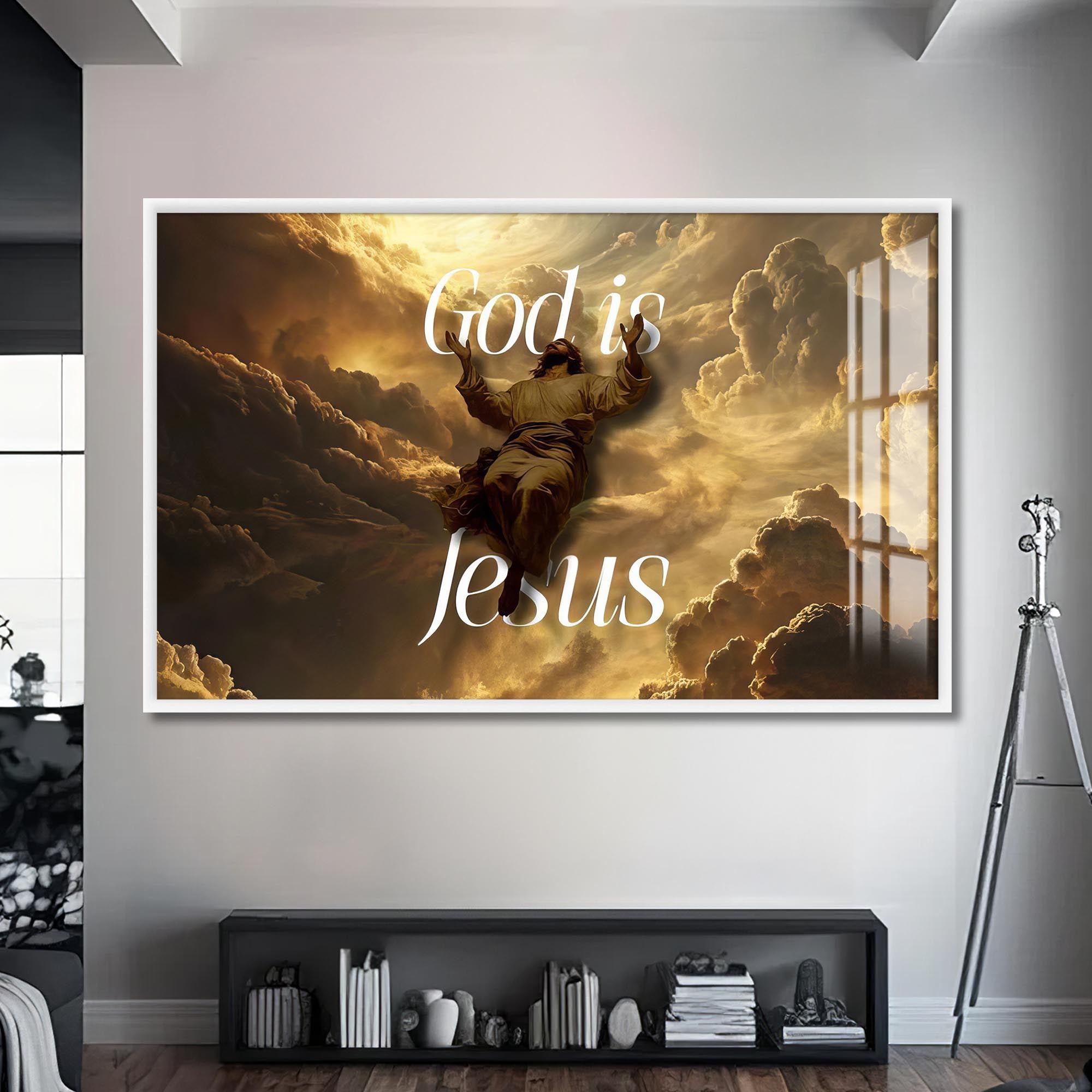 Artronauts Glass Print S | 72x46 cm | 28.3"x18.1" / White God Is Jesus- Christian Tempered Glass Wall Art