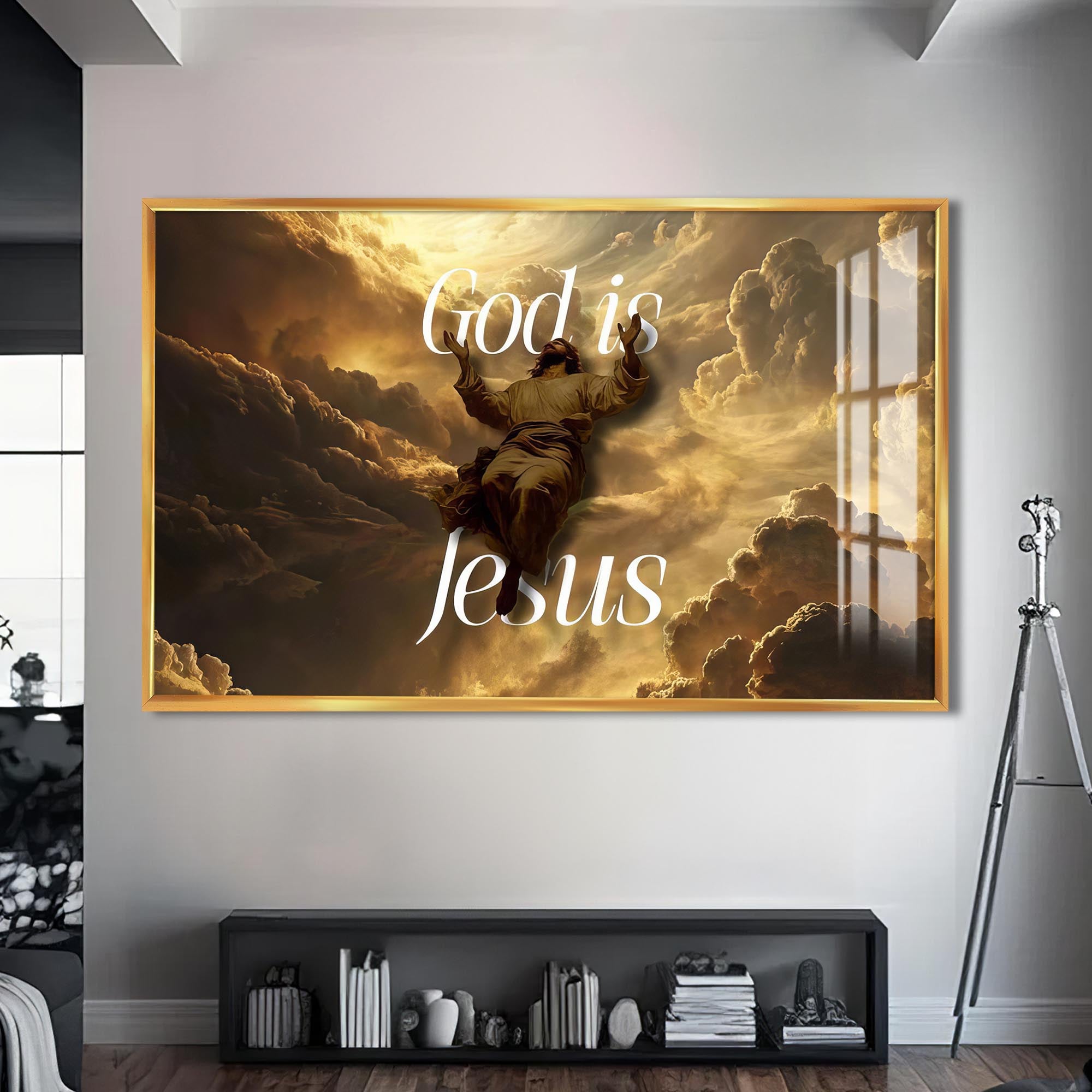 Artronauts Glass Print S | 72x46 cm | 28.3"x18.1" / Gold God Is Jesus- Christian Tempered Glass Wall Art