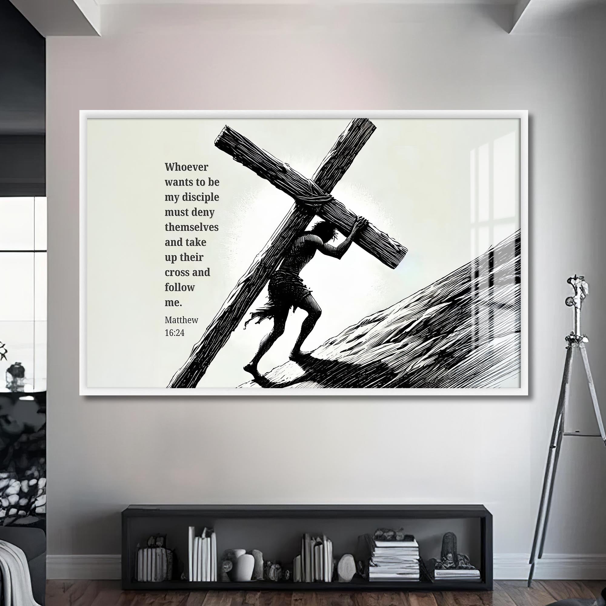 Artronauts Glass Print S | 72x46 cm | 28.3"x18.1" / White Carry the Cross- Christian Tempered Glass Wall Art
