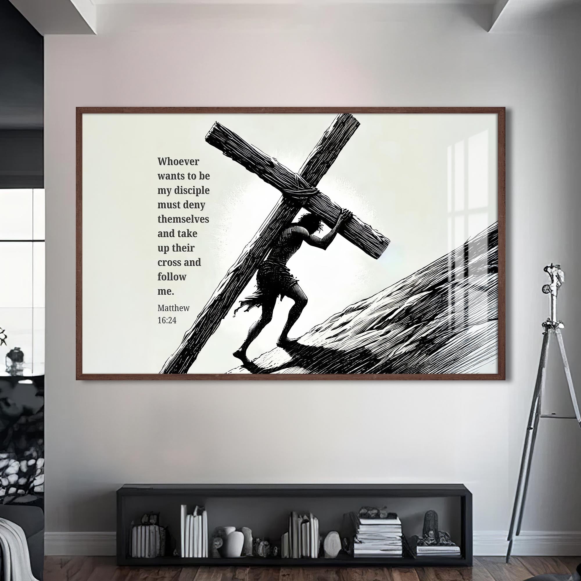 Artronauts Glass Print S | 72x46 cm | 28.3"x18.1" / Walnut Carry the Cross- Christian Tempered Glass Wall Art