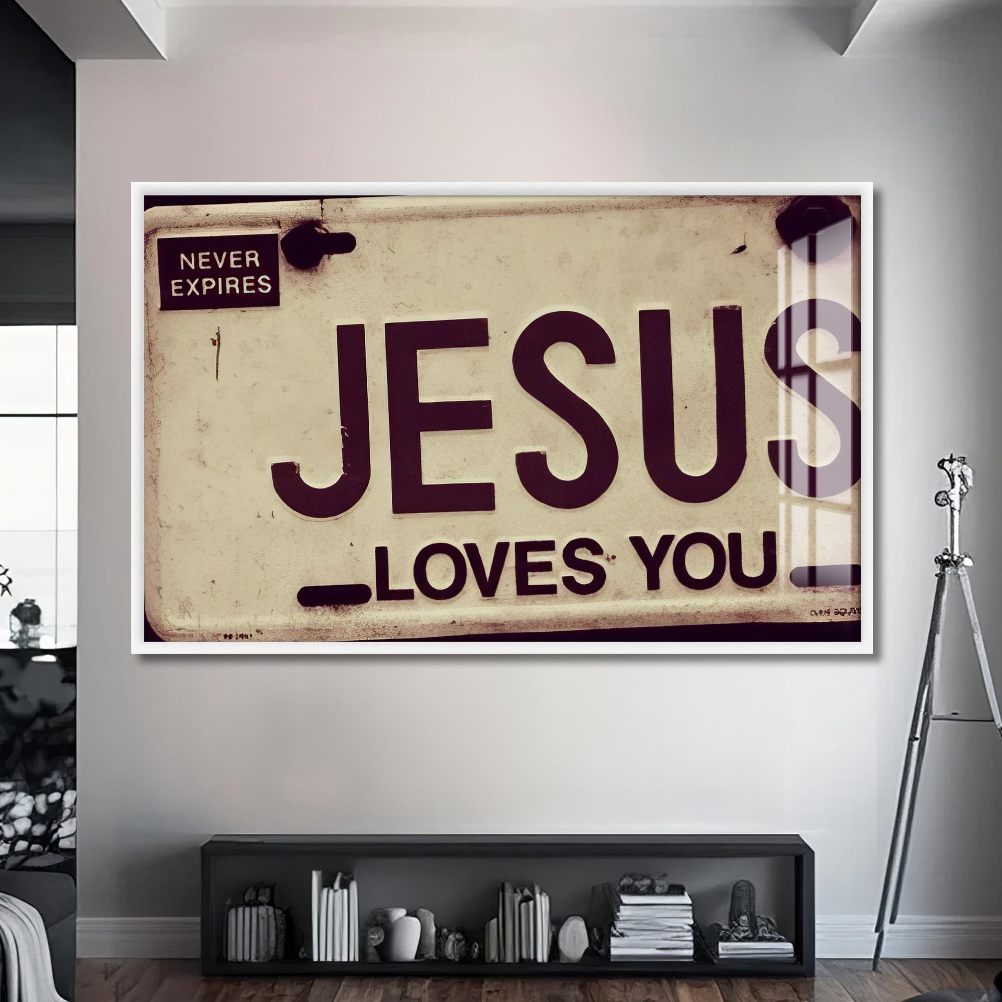 Artronauts Glass Print S | 72x46 cm | 28.3"x18.1" / White Jesus Loves You- Christian Tempered Glass Wall Art