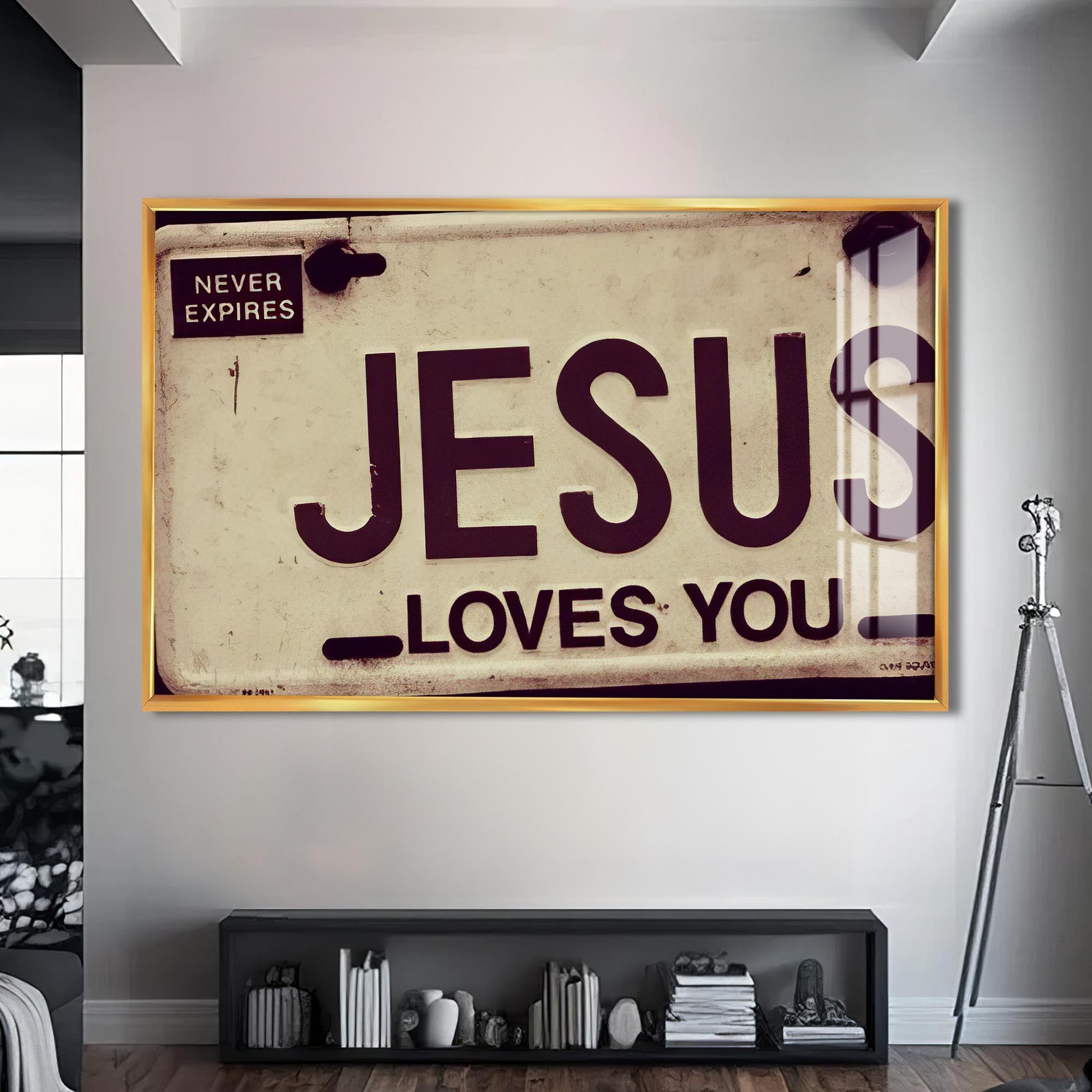 Artronauts Glass Print S | 72x46 cm | 28.3"x18.1" / Gold Jesus Loves You- Christian Tempered Glass Wall Art