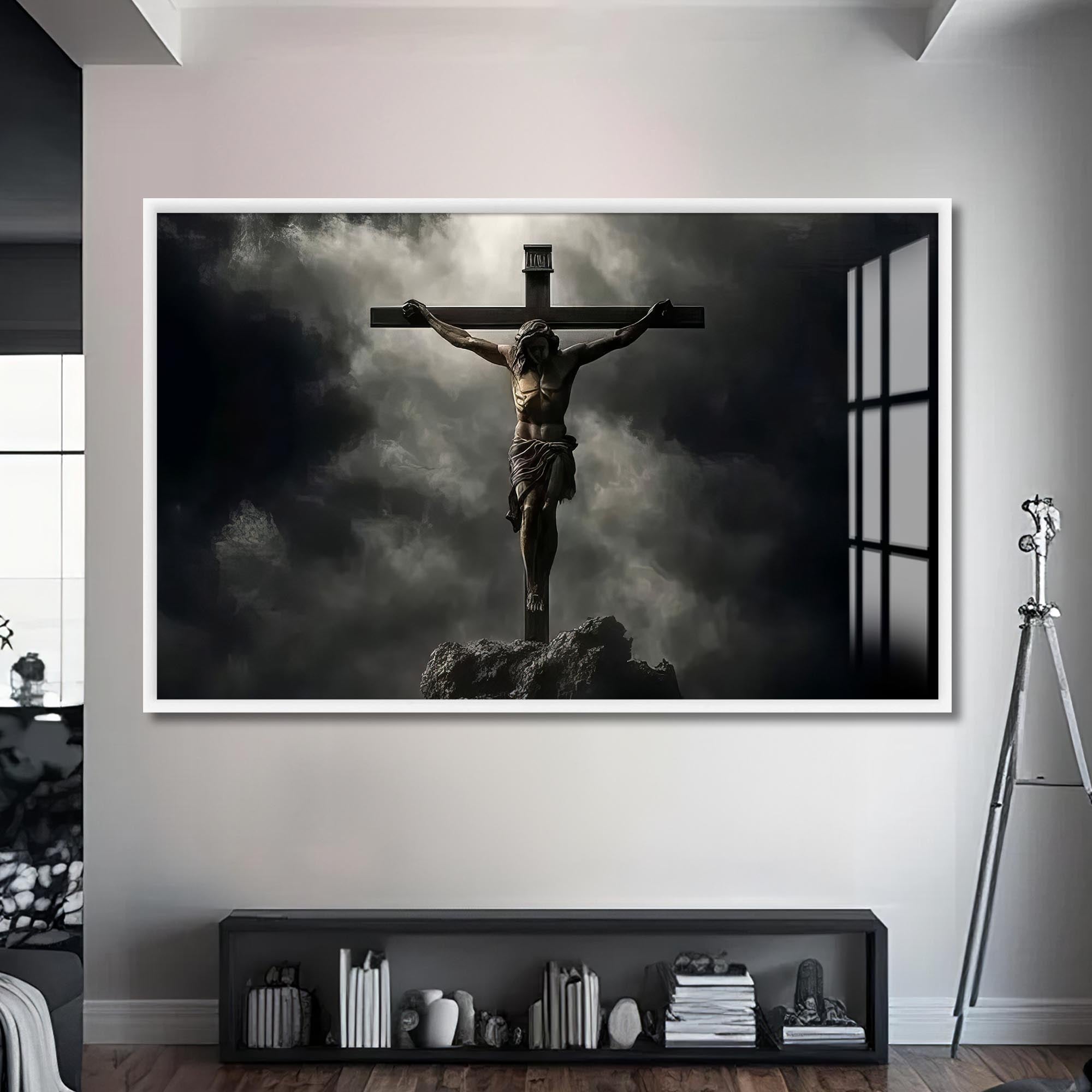 Artronauts Glass Print S | 72x46 cm | 28.3"x18.1" / White The Crucifixion- Christian Tempered Glass Wall Art