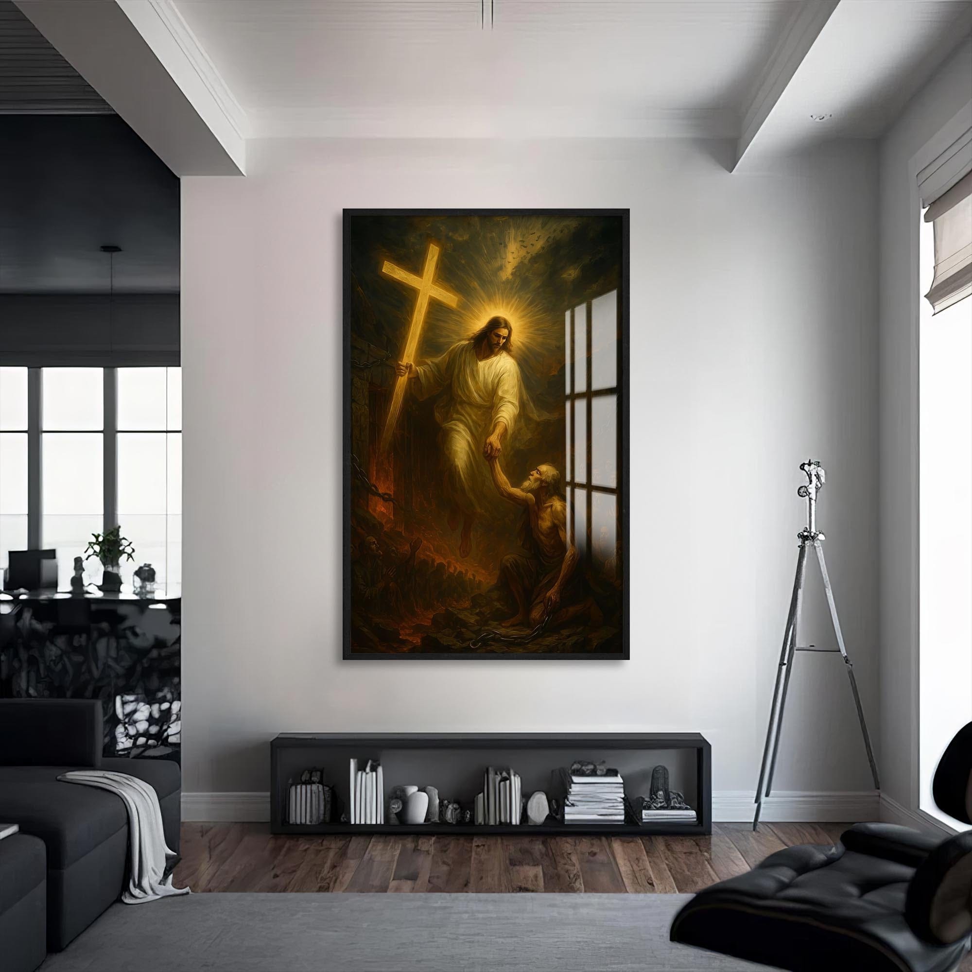 Artronauts Glass Print S | 72x46 cm | 28.3"x18.1" / Black The Hand of Salvation– Christian Tempered Glass Wall Art