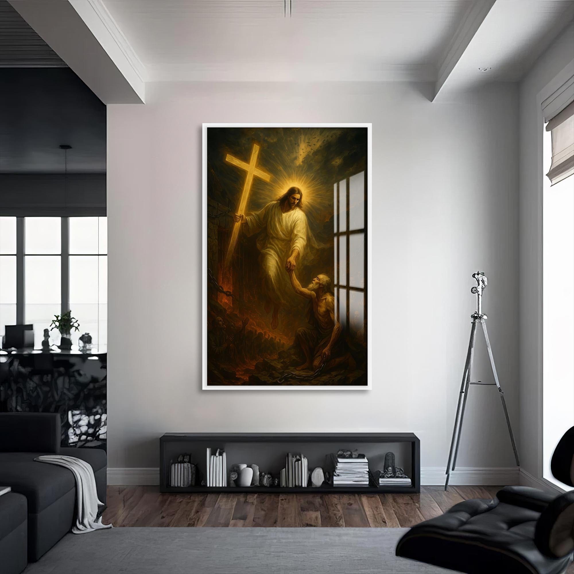 Artronauts Glass Print S | 72x46 cm | 28.3"x18.1" / White The Hand of Salvation– Christian Tempered Glass Wall Art