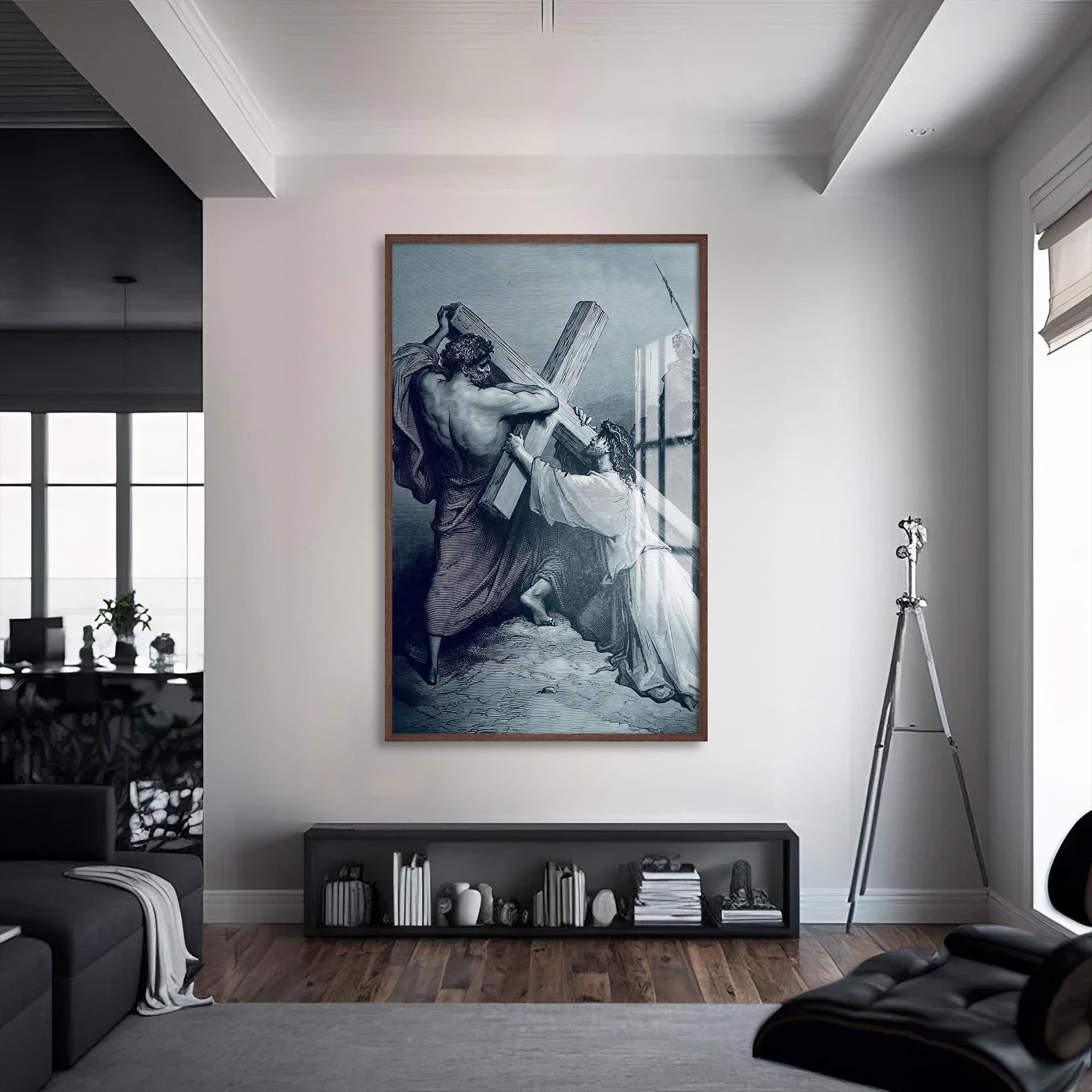 Artronauts Glass Print S | 72x46 cm | 28.3"x18.1" / Walnut The Burden of the Cross– Christian Tempered Glass Wall Art