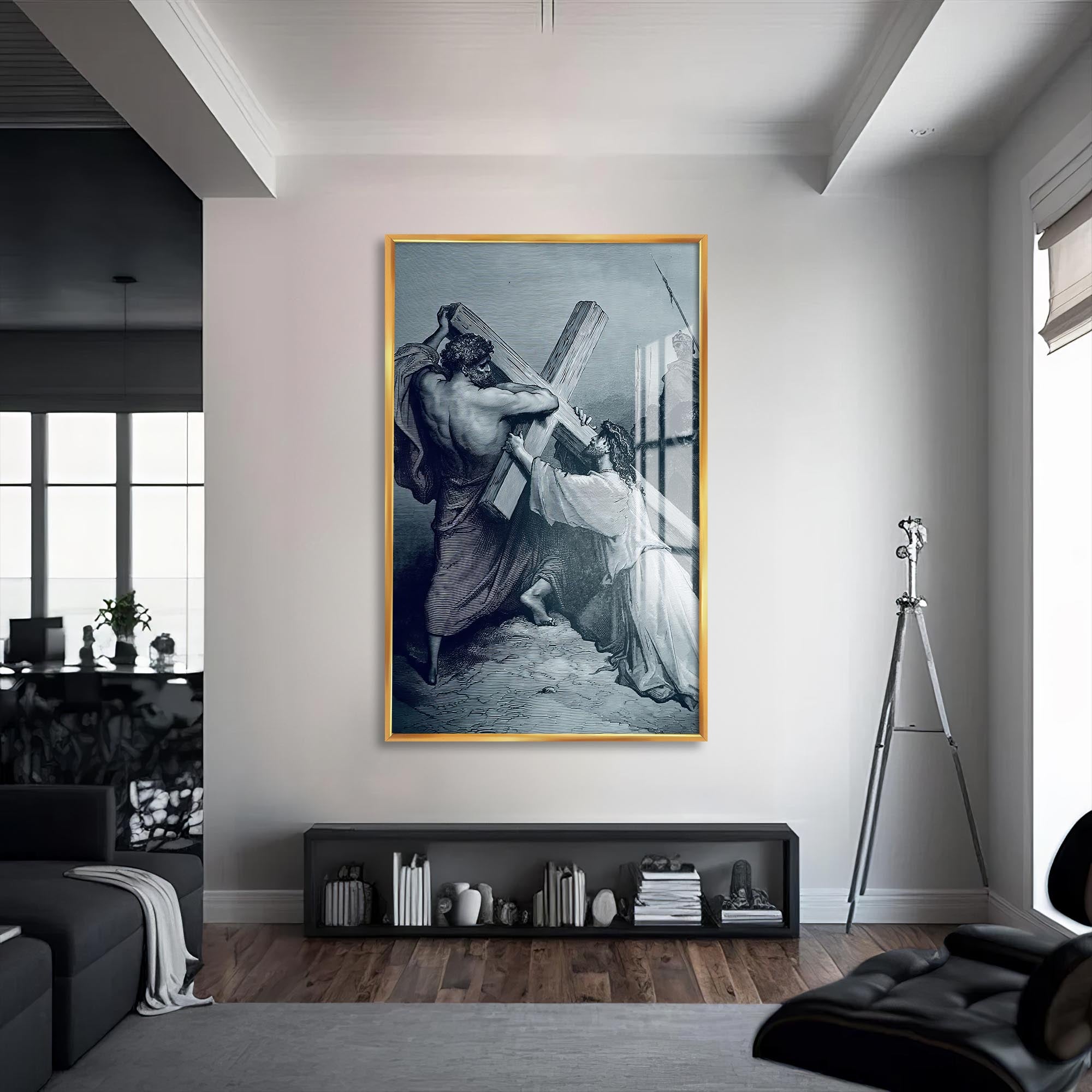 Artronauts Glass Print S | 72x46 cm | 28.3"x18.1" / Gold The Burden of the Cross– Christian Tempered Glass Wall Art