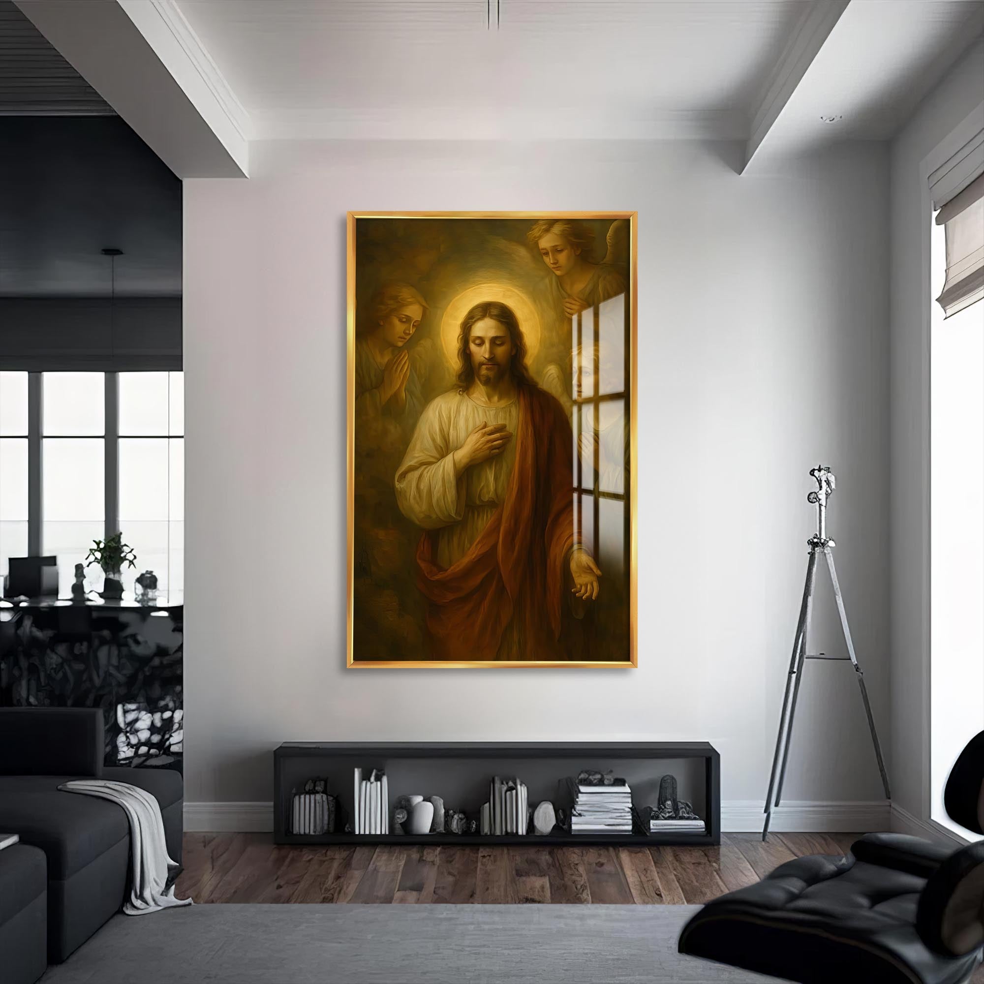 Artronauts Glass Print S | 72x46 cm | 28.3"x18.1" / Gold The Call of Mercy– Christian Tempered Glass Wall Art