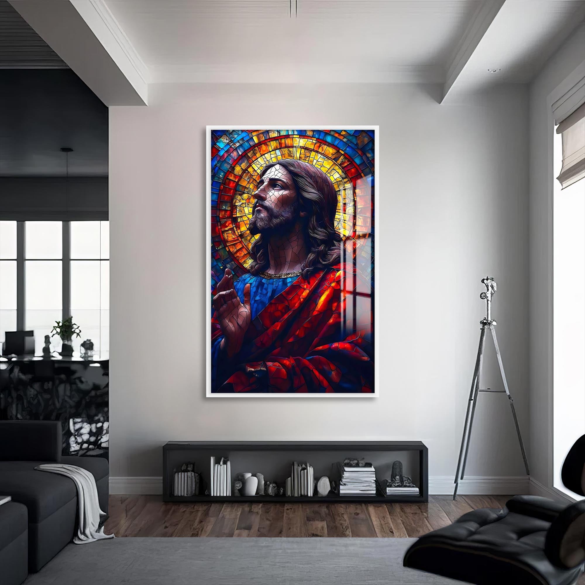 Artronauts Glass Print S | 72x46 cm | 28.3"x18.1" / White Stained Glass Christ Portrait– Christian Tempered Glass Wall Art