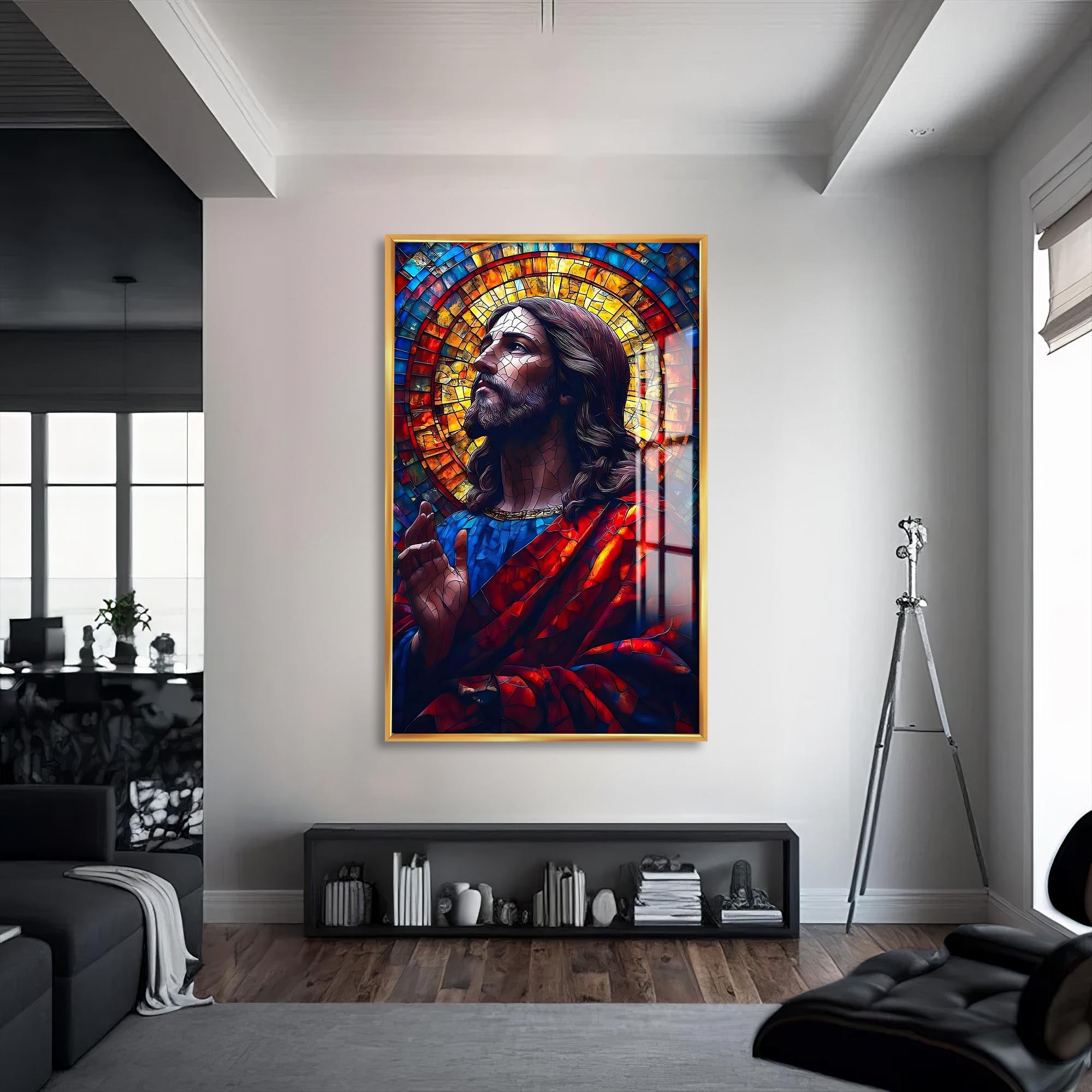 Artronauts Glass Print S | 72x46 cm | 28.3"x18.1" / Gold Stained Glass Christ Portrait– Christian Tempered Glass Wall Art