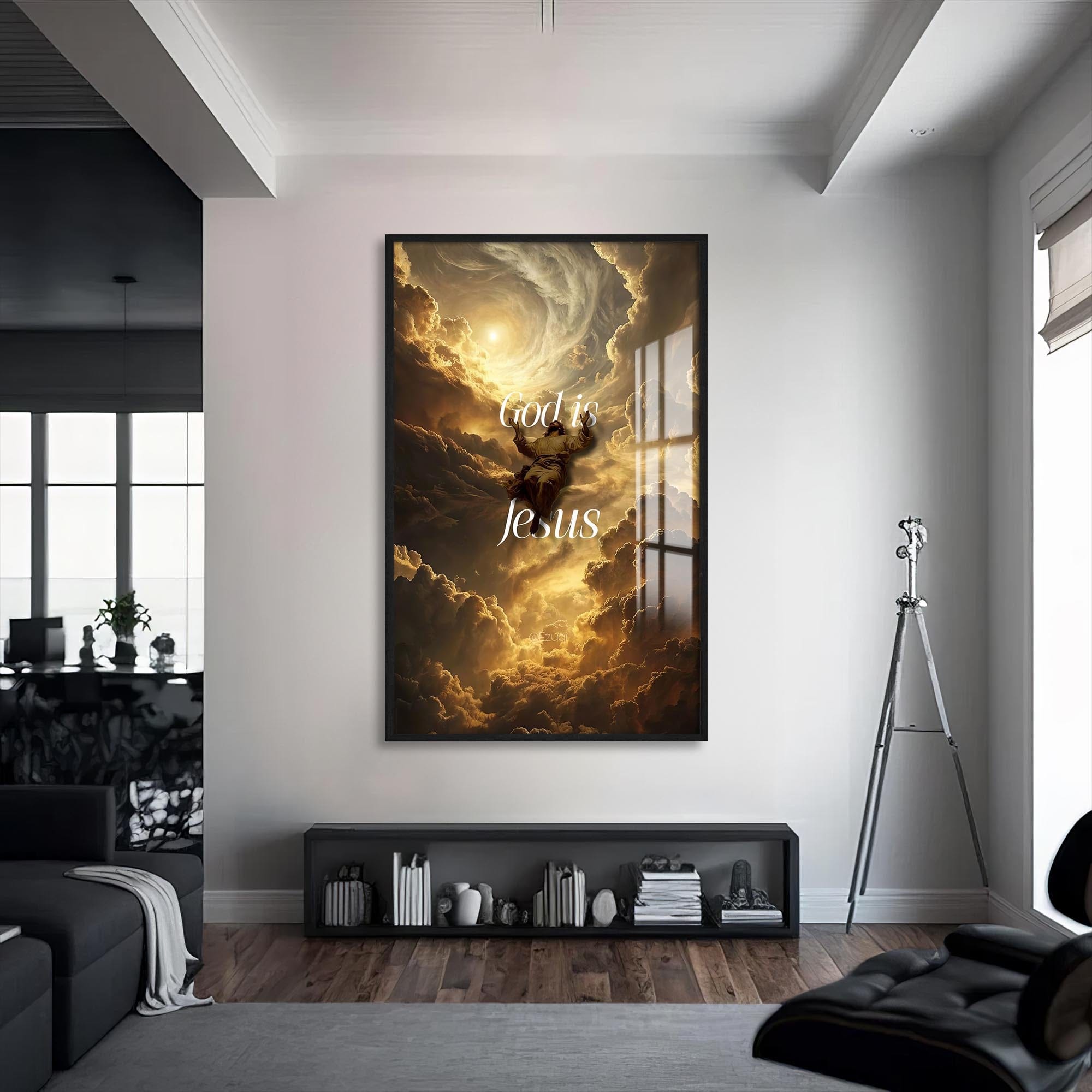 Artronauts Glass Print S | 72x46 cm | 28.3"x18.1" / Black Christ Ascending in Light– Christian Tempered Glass Wall Art
