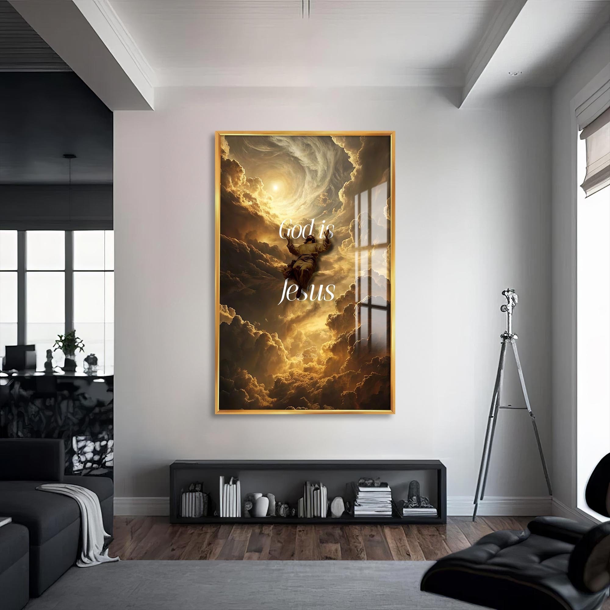 Artronauts Glass Print S | 72x46 cm | 28.3"x18.1" / Gold Christ Ascending in Light– Christian Tempered Glass Wall Art