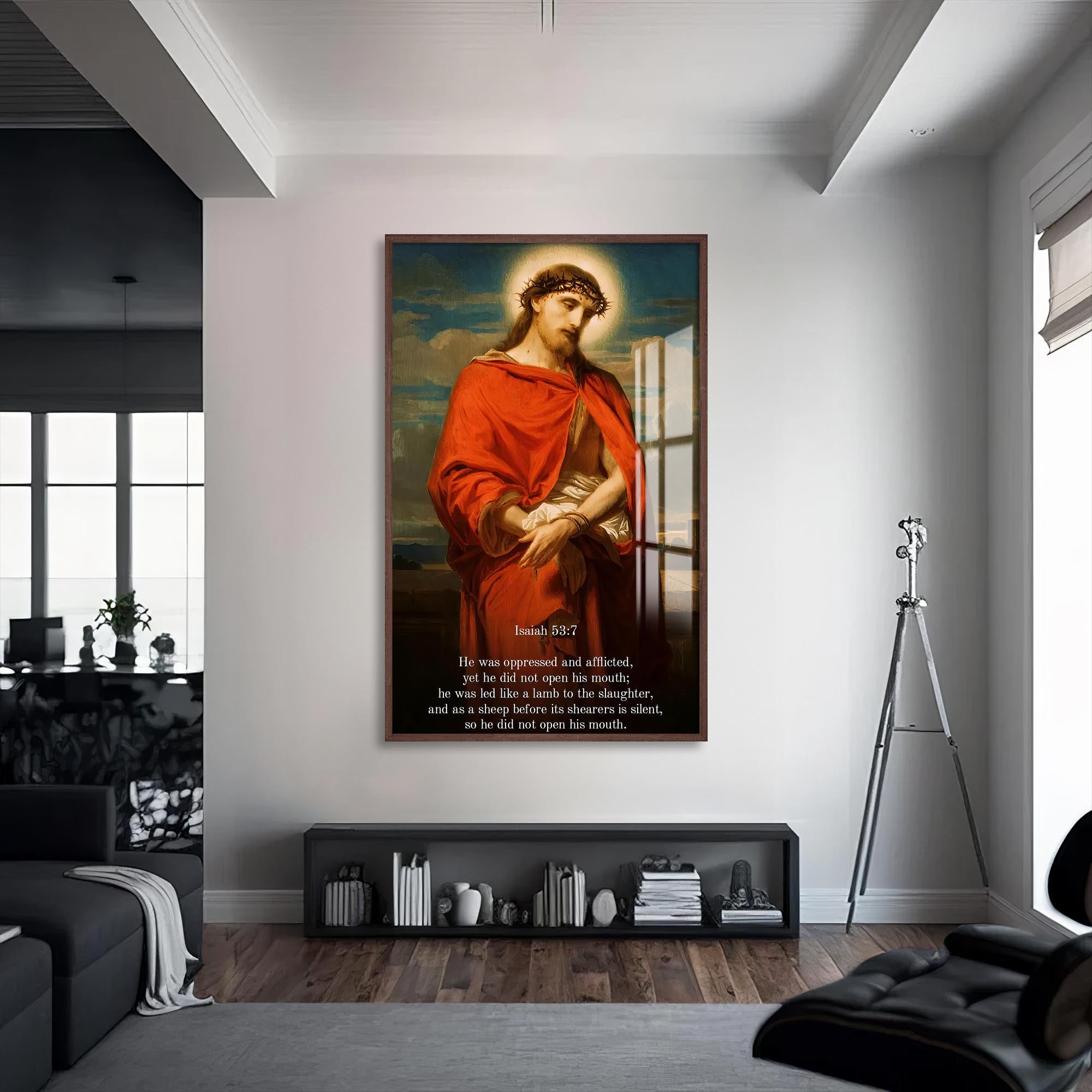 Artronauts Glass Print S | 72x46 cm | 28.3"x18.1" / Walnut Christ with Halo– Christian Tempered Glass Wall Art