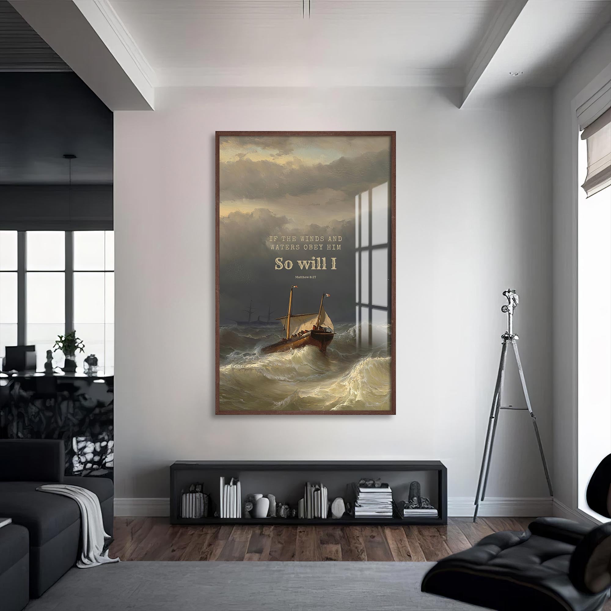 Artronauts Glass Print S | 72x46 cm | 28.3"x18.1" / Walnut Matthew 8:27– Christian Tempered Glass Wall Art