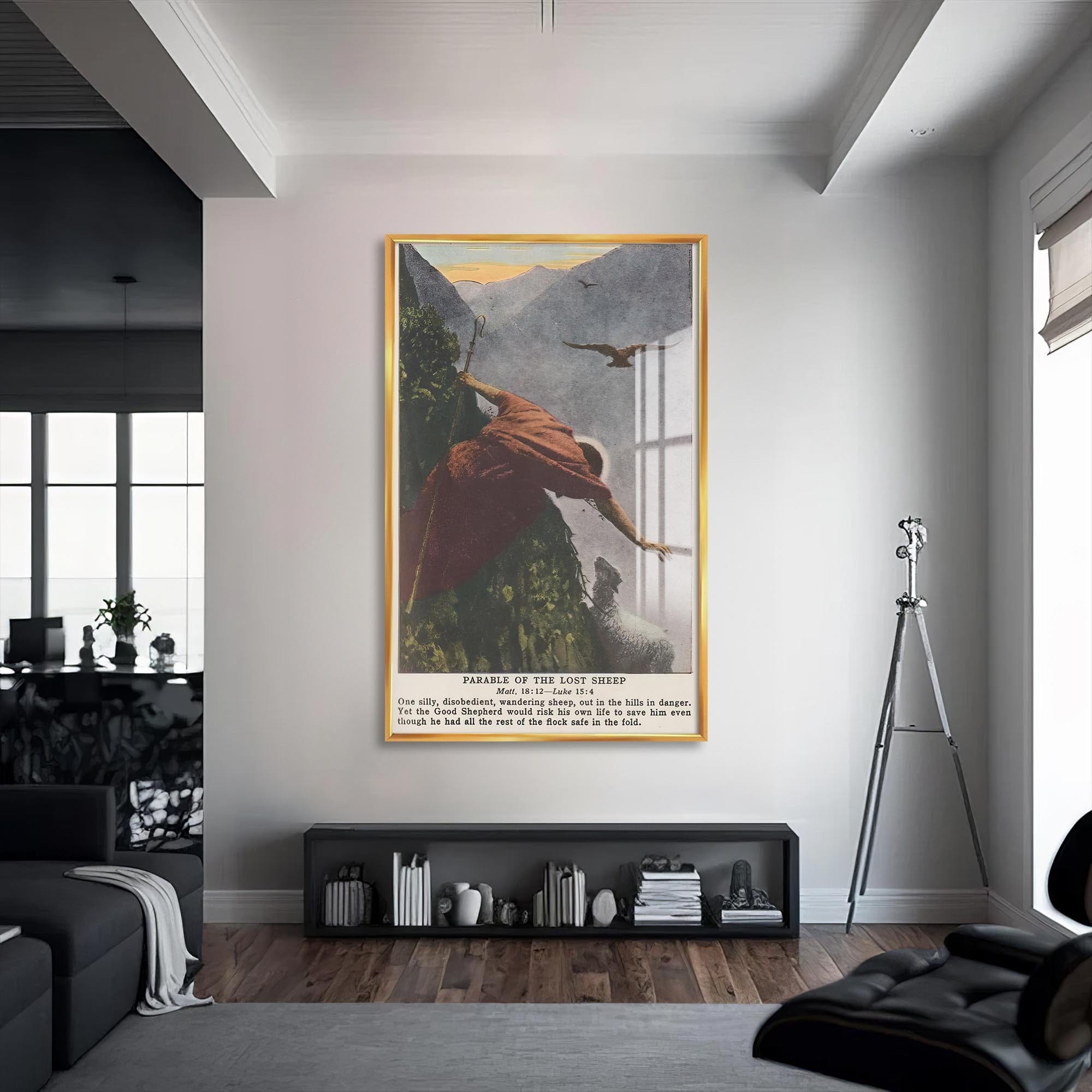 Artronauts Glass Print S | 72x46 cm | 28.3"x18.1" / Gold Parable of the Lost Sheep– Christian Tempered Glass Wall Art