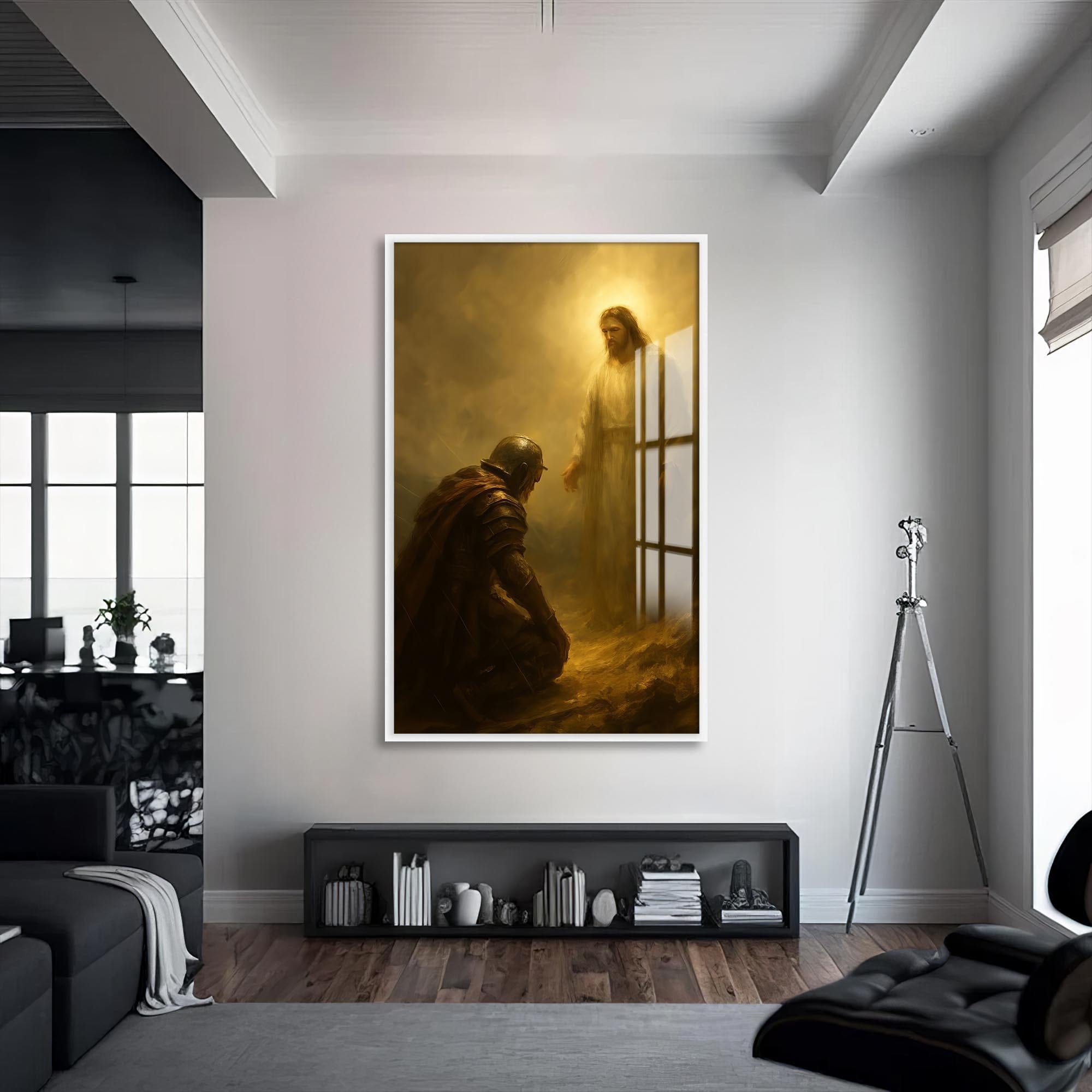 Artronauts Glass Print S | 72x46 cm | 28.3"x18.1" / White Faithful Encounter– Christian Tempered Glass Wall Art