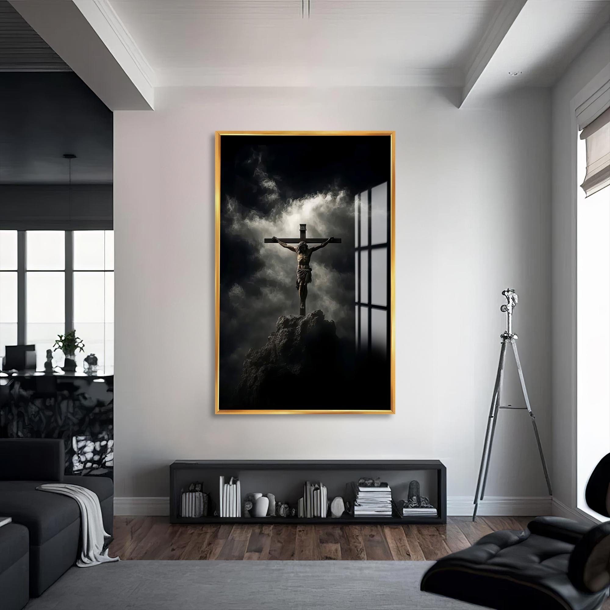 Artronauts Glass Print S | 72x46 cm | 28.3"x18.1" / Gold The Cross– Christian Tempered Glass Wall Art