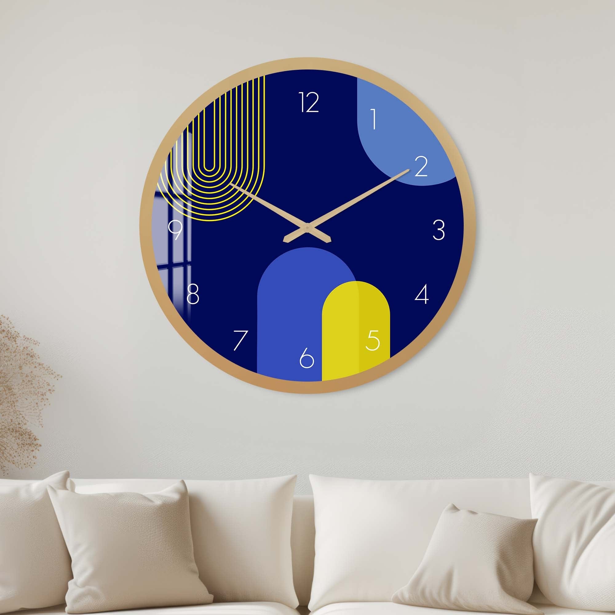Artronauts Glass Print 40 cm ⌀ | 15.7" / Gold Puffy Blue & Yellow - Glass Wall Clock
