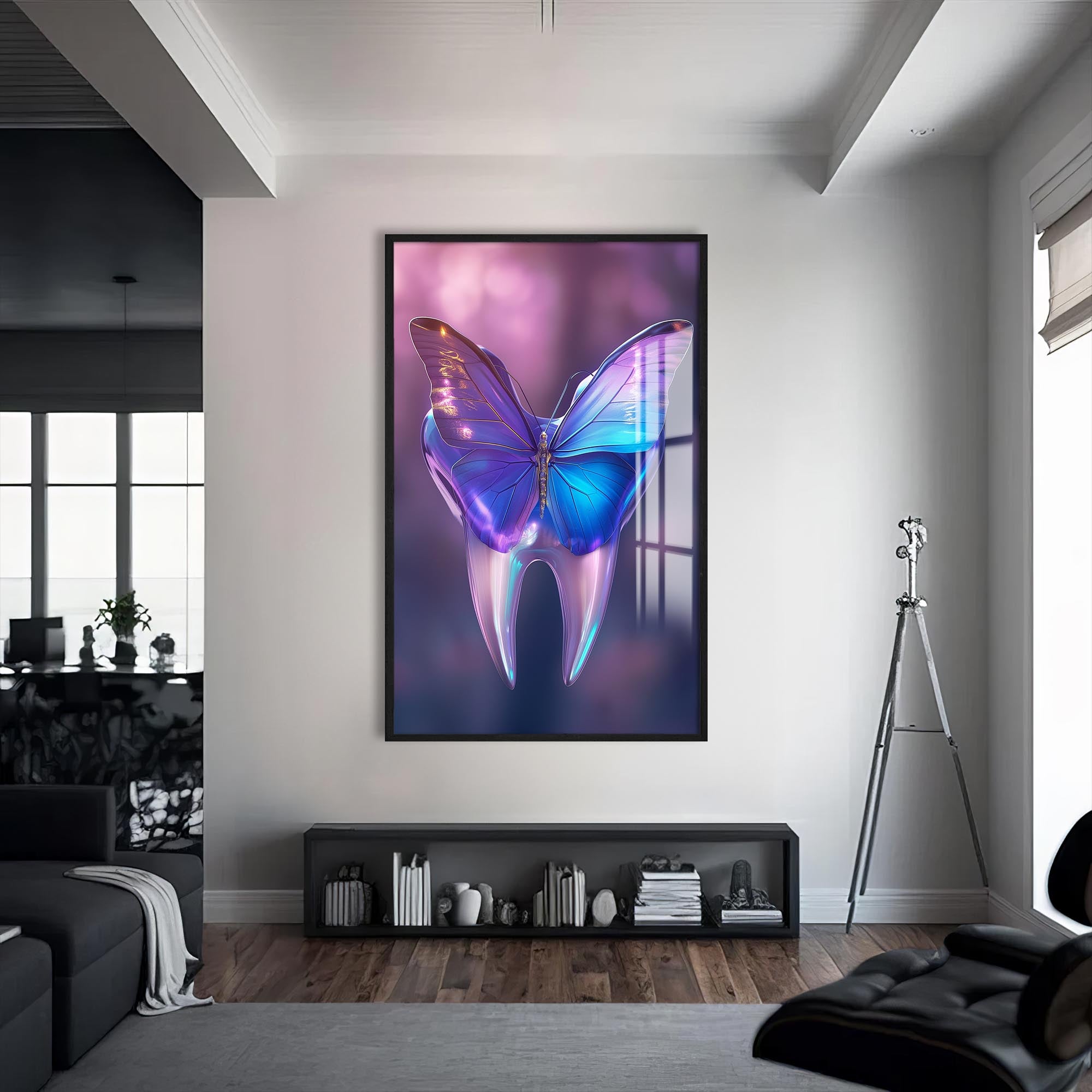 Artronauts Glass Print S | 72x46 cm | 28.3"x18.1" / Black Butterfly Dental Glow - Tempered Glass Wall Art