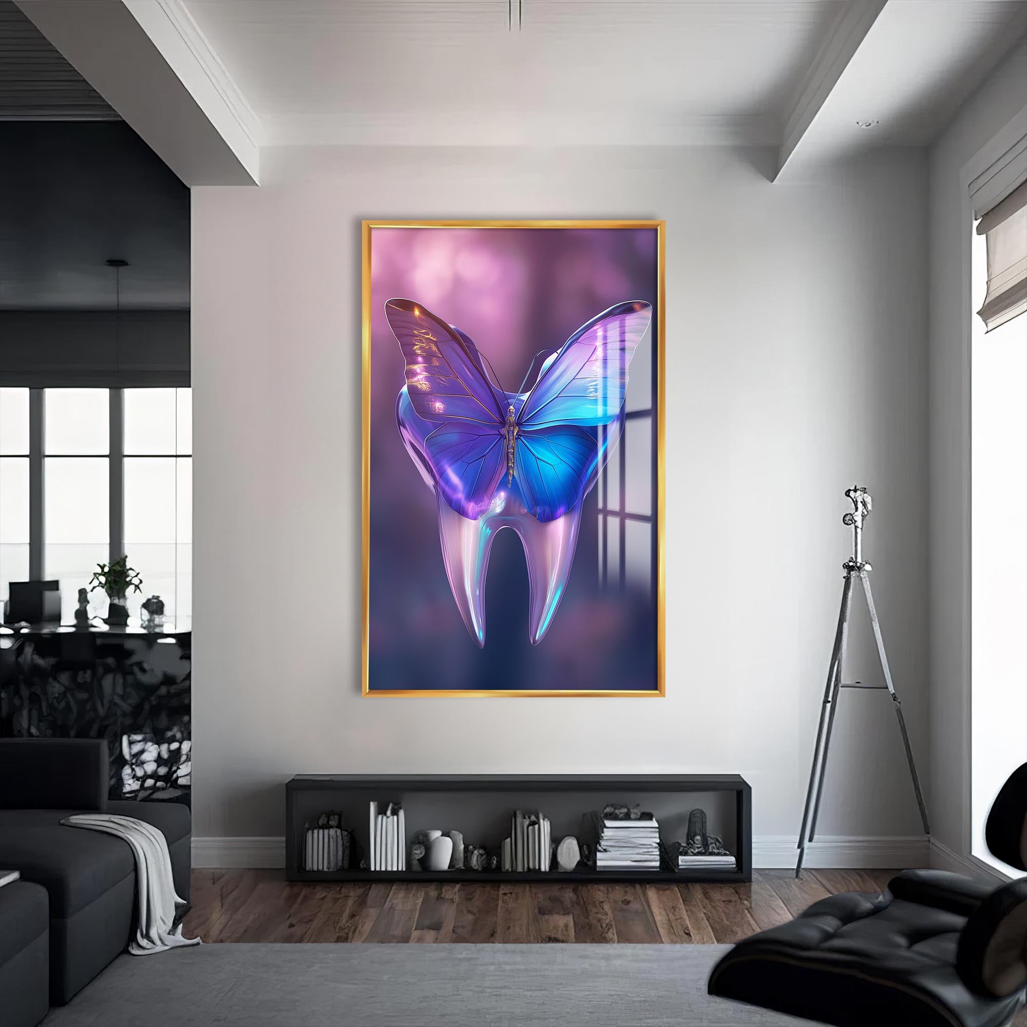 Artronauts Glass Print S | 72x46 cm | 28.3"x18.1" / Gold Butterfly Dental Glow - Tempered Glass Wall Art