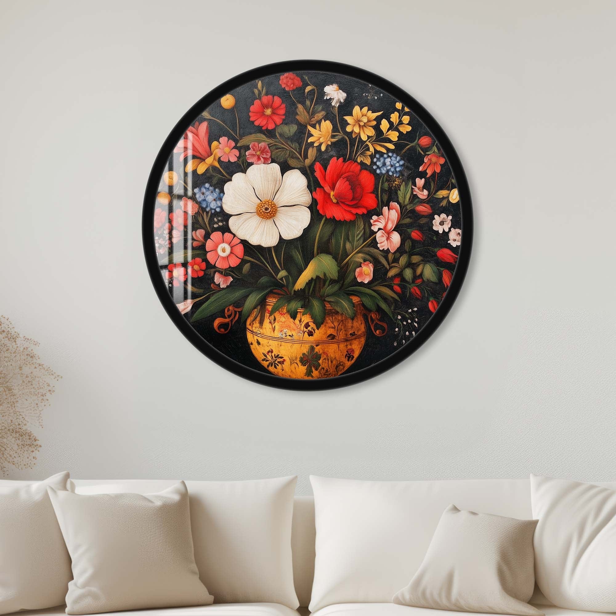 Artronauts Glass Print 40 cm ⌀ | 15.7" / Black Flowers - Rounded Glass Wall Art