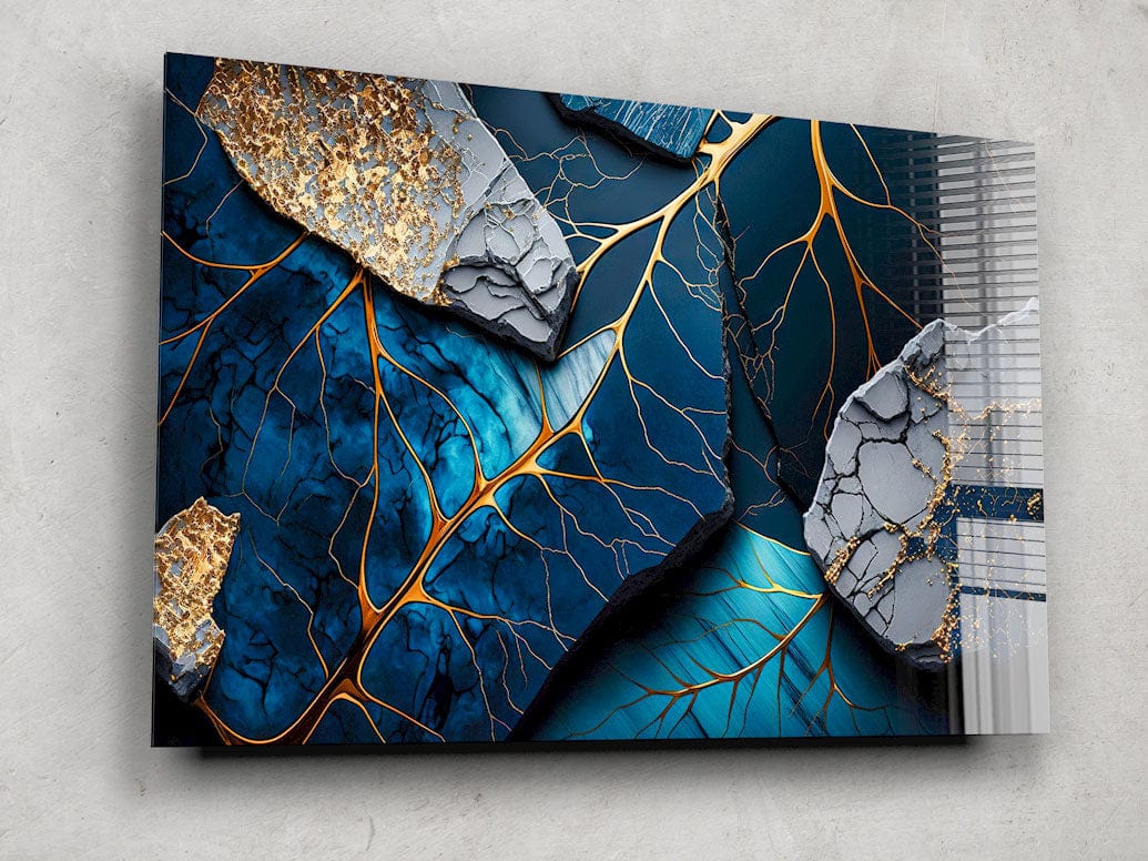 Artronauts Glass Print Golden Veined Blue Abstract II