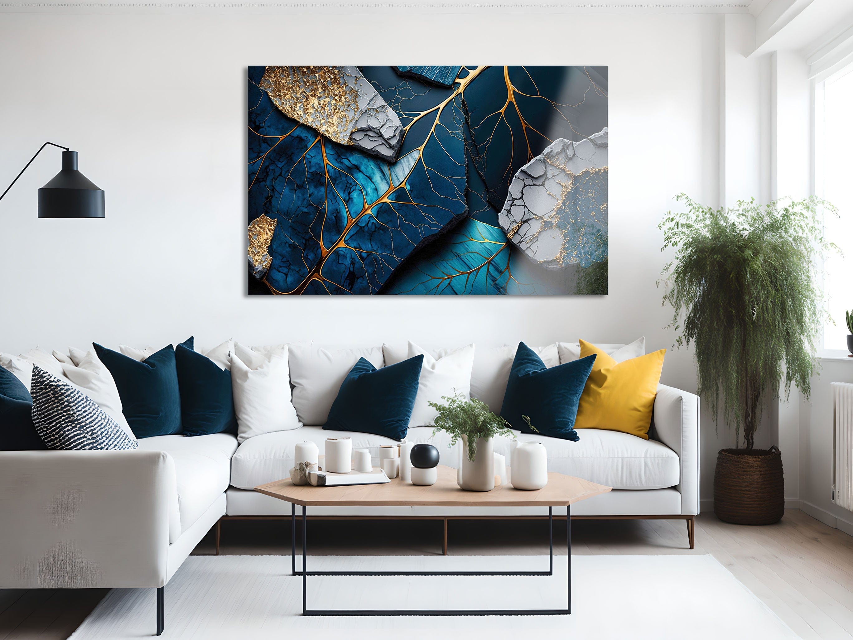 Artronauts Glass Print Golden Veined Blue Abstract II