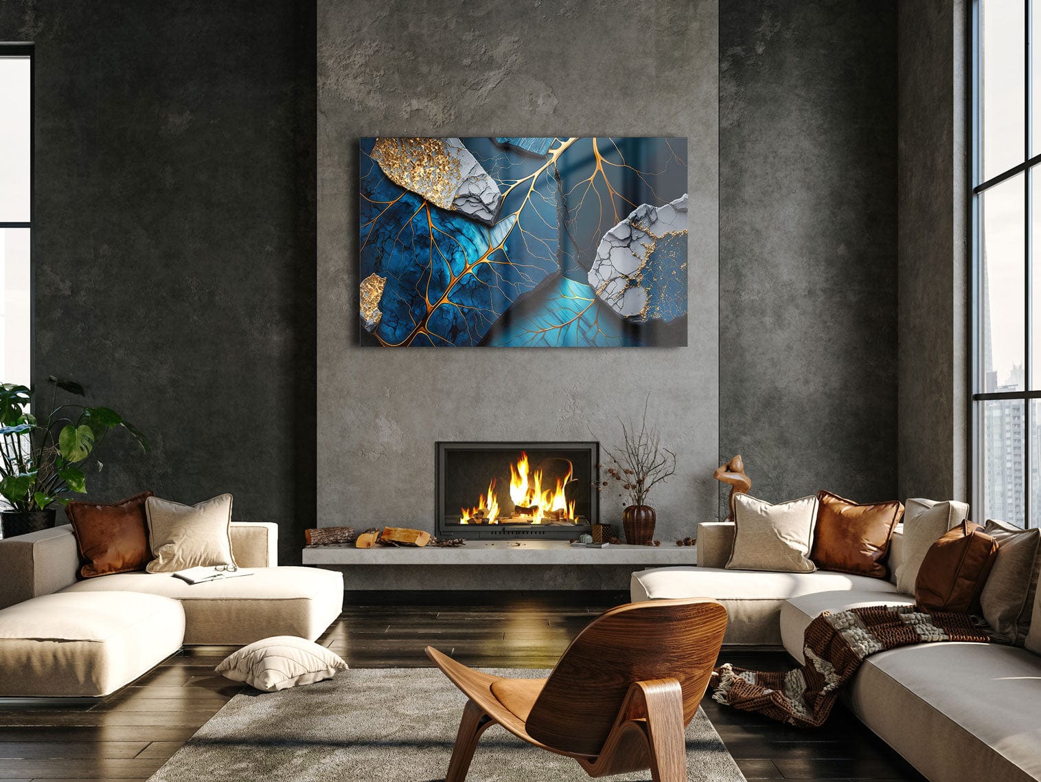 Artronauts Glass Print Golden Veined Blue Abstract II