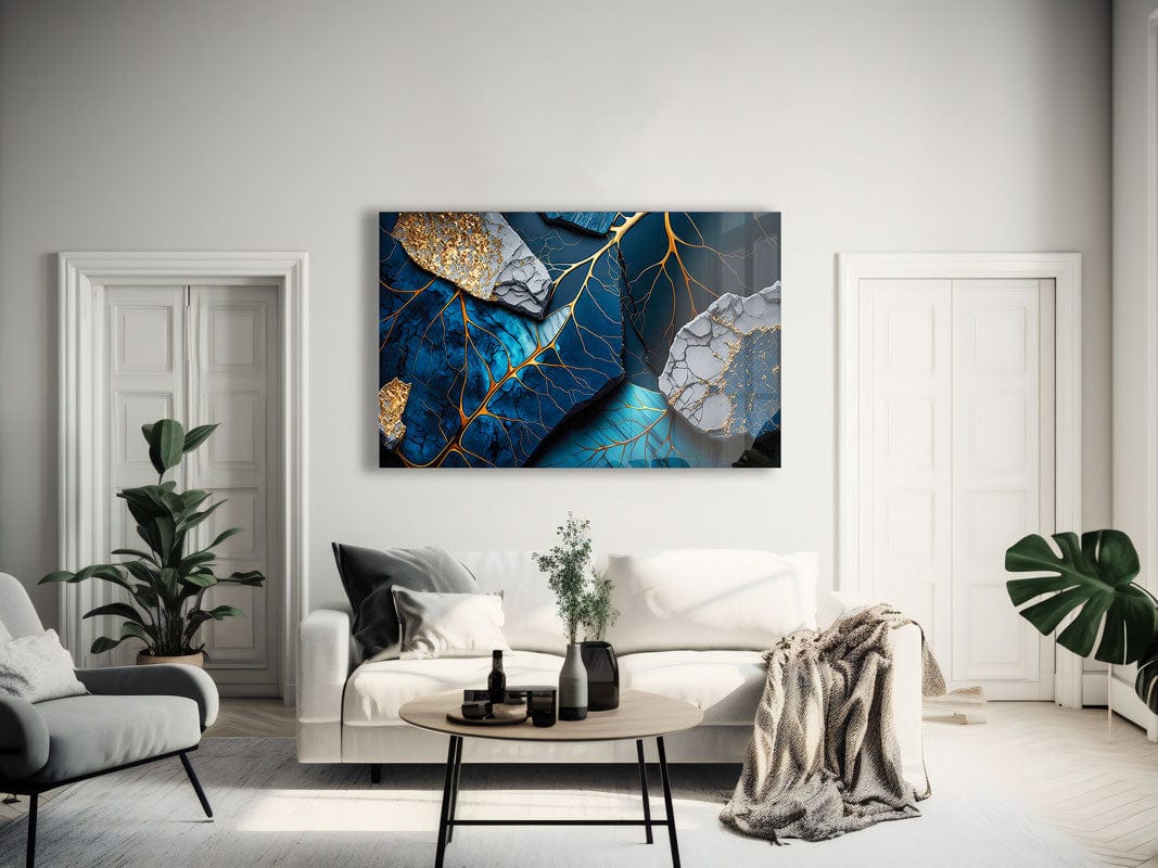 Artronauts Glass Print Golden Veined Blue Abstract II