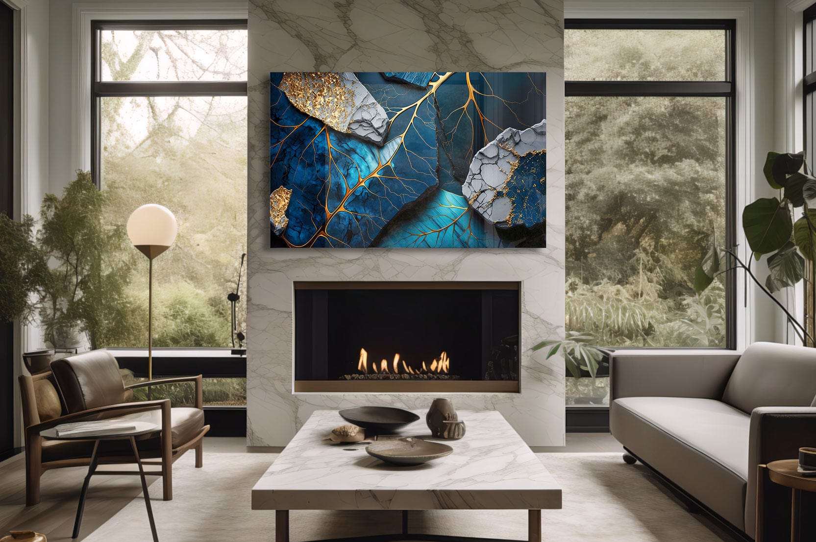 Artronauts Glass Print Golden Veined Blue Abstract II