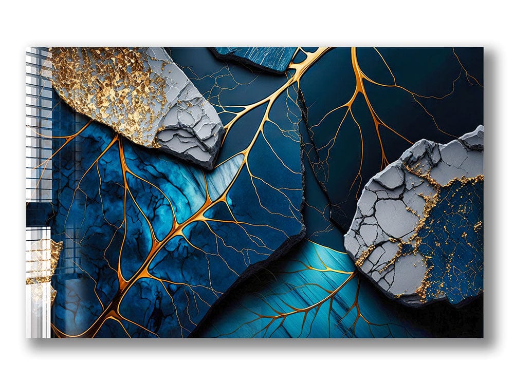 Artronauts Glass Print Golden Veined Blue Abstract II