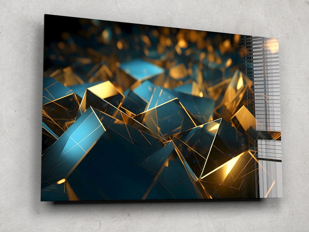 Artronauts Glass Print Golden & Blue Cubes Abstract