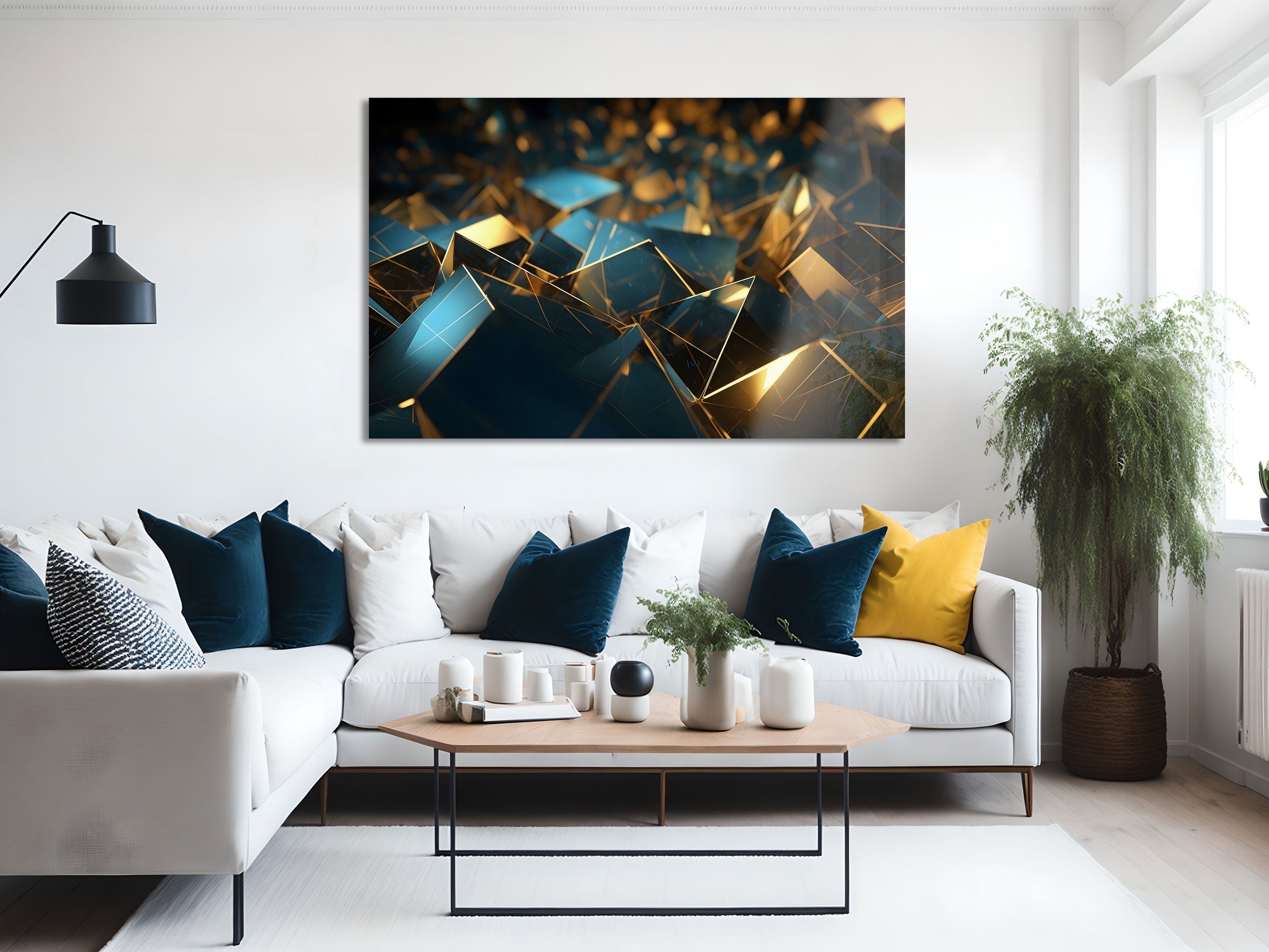 Artronauts Glass Print Golden & Blue Cubes Abstract