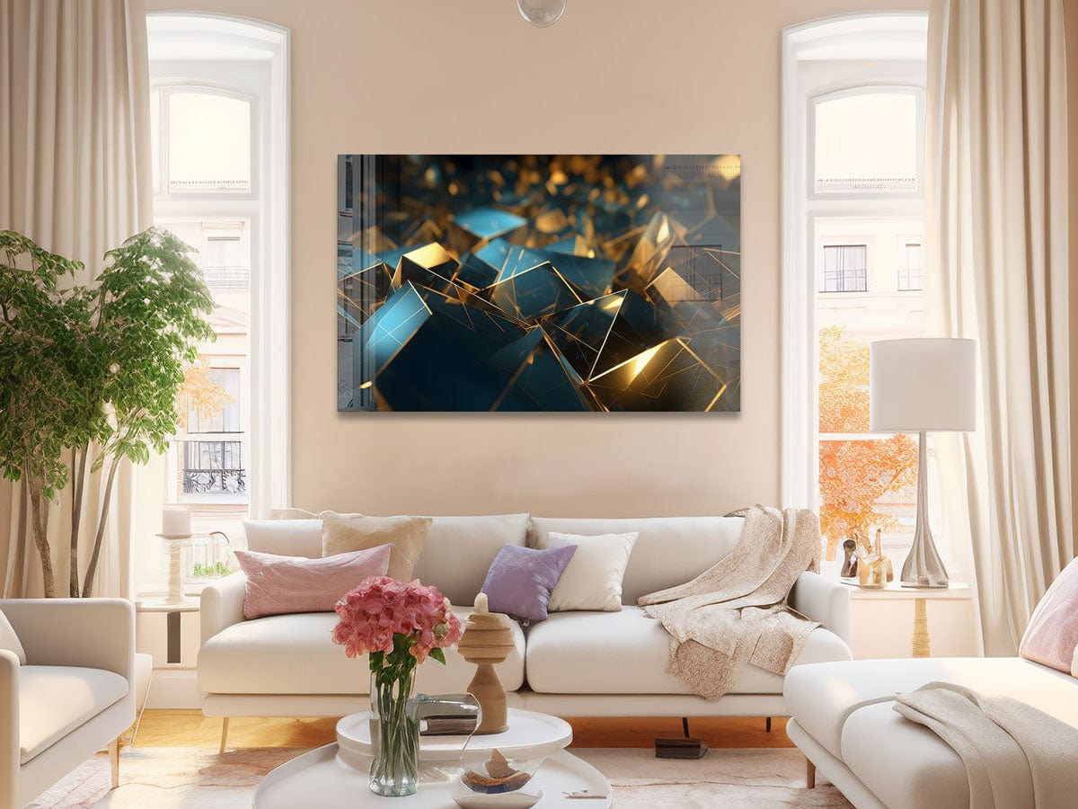 Artronauts Glass Print Golden & Blue Cubes Abstract