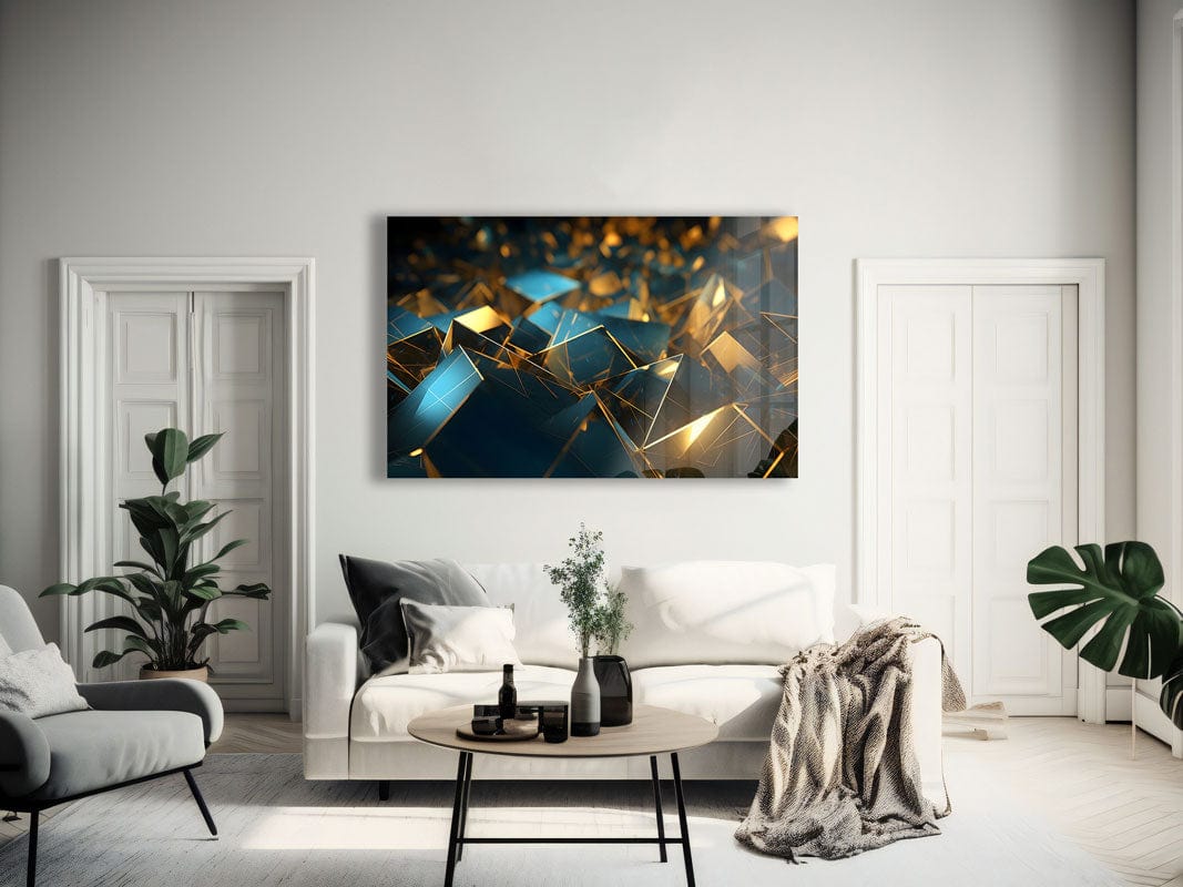 Artronauts Glass Print Golden & Blue Cubes Abstract