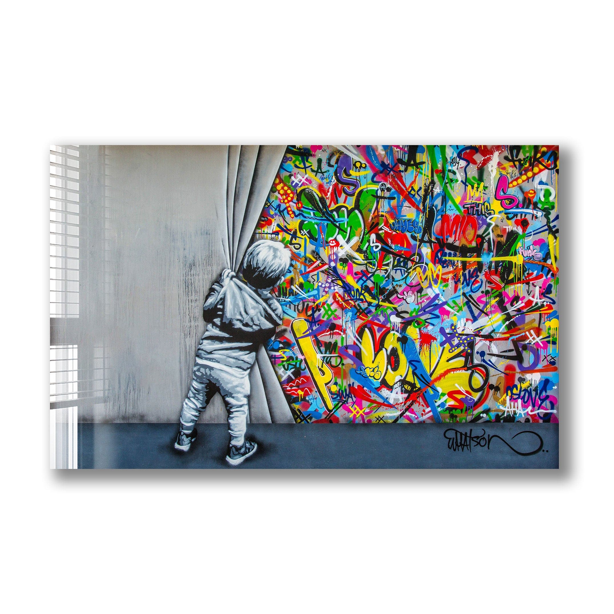 Artronauts Glass Print Behind The Curtains - Banksy