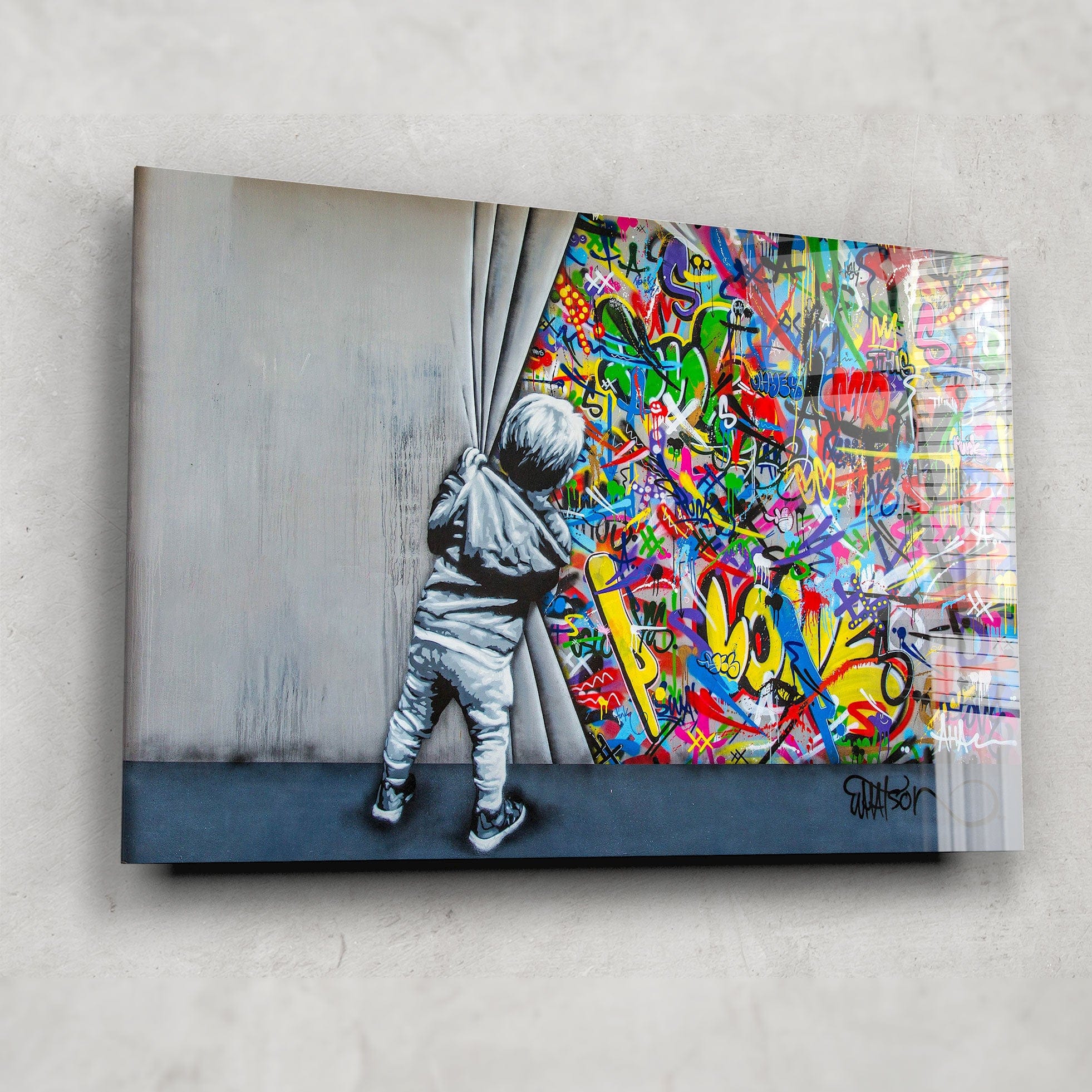 Artronauts Glass Print Behind The Curtains - Banksy