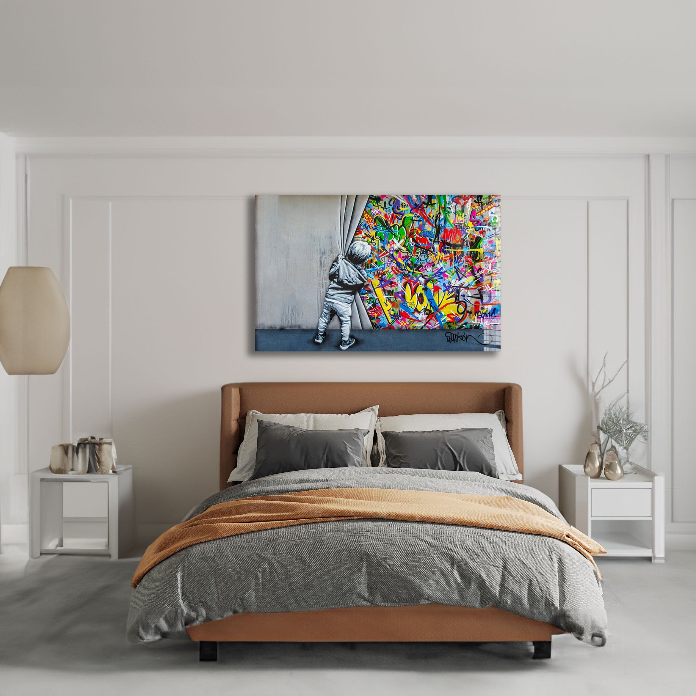 Artronauts Glass Print Behind The Curtains - Banksy