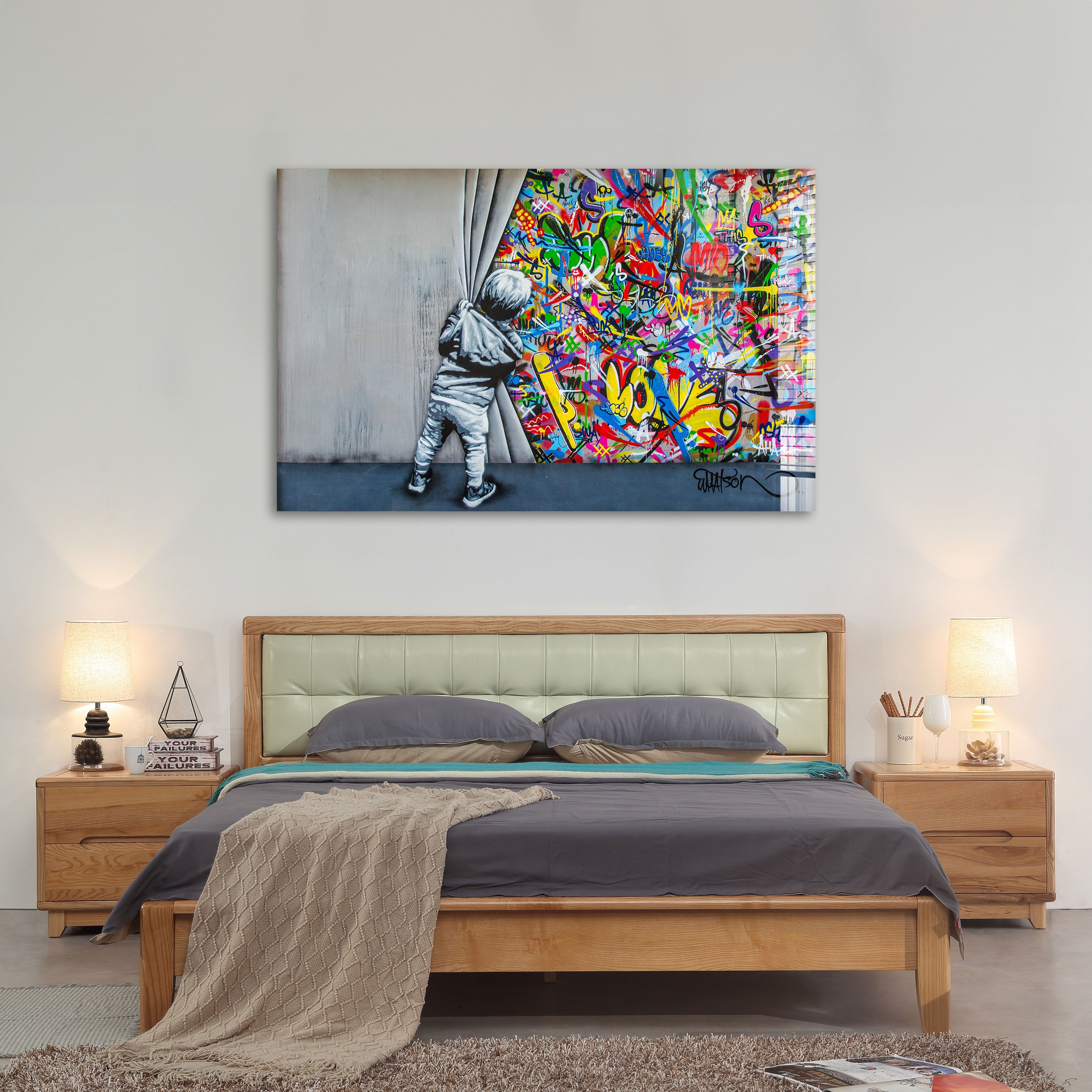 Artronauts Glass Print Behind The Curtains - Banksy