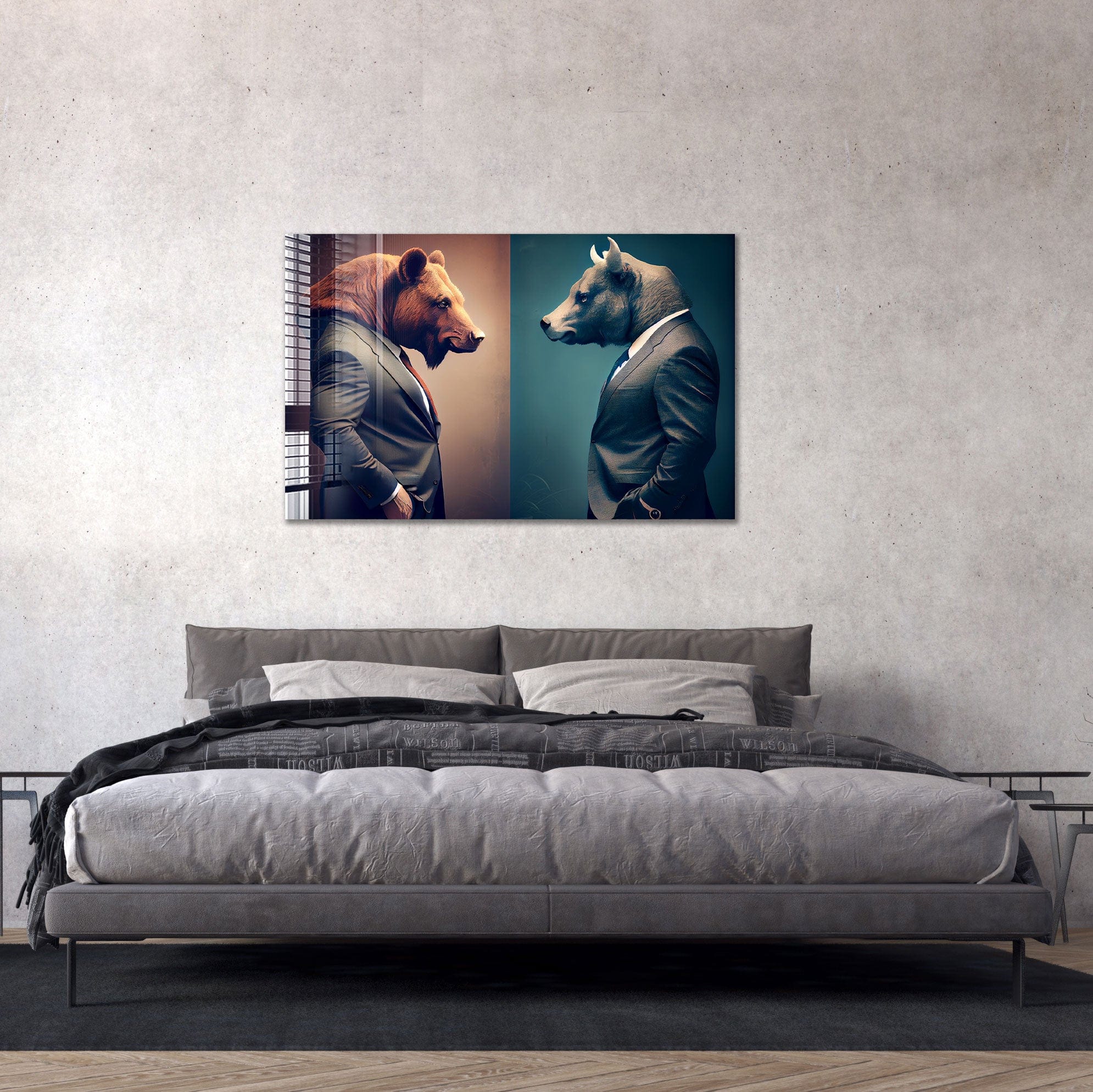 Artronauts Glass Print Bear vs Bull