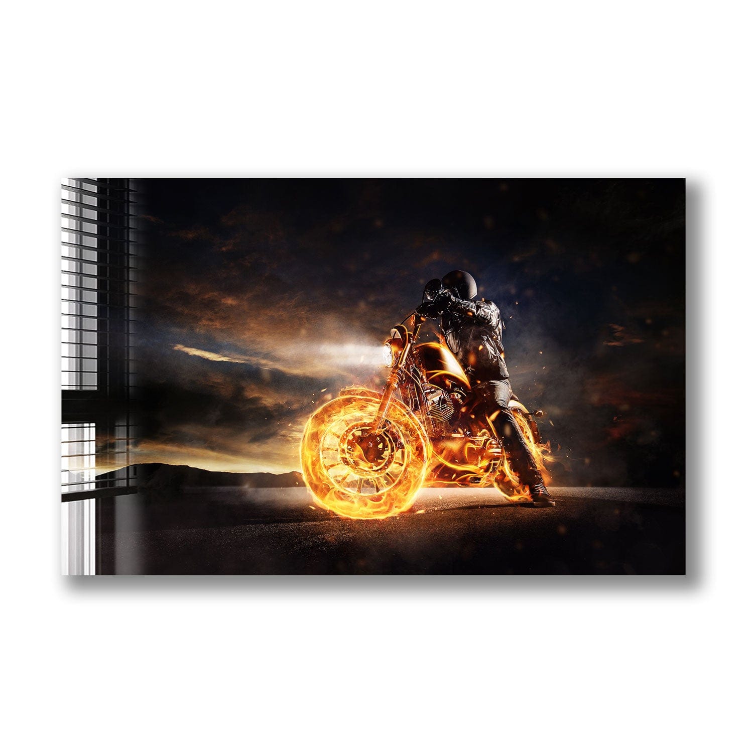 Artronauts Glass Print Motorbike In Fire