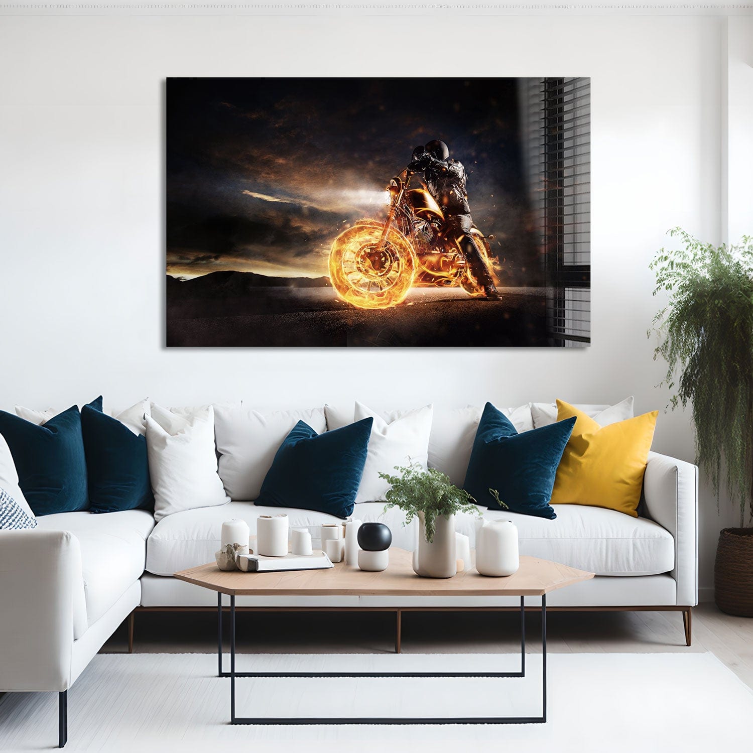 Artronauts Glass Print Motorbike In Fire
