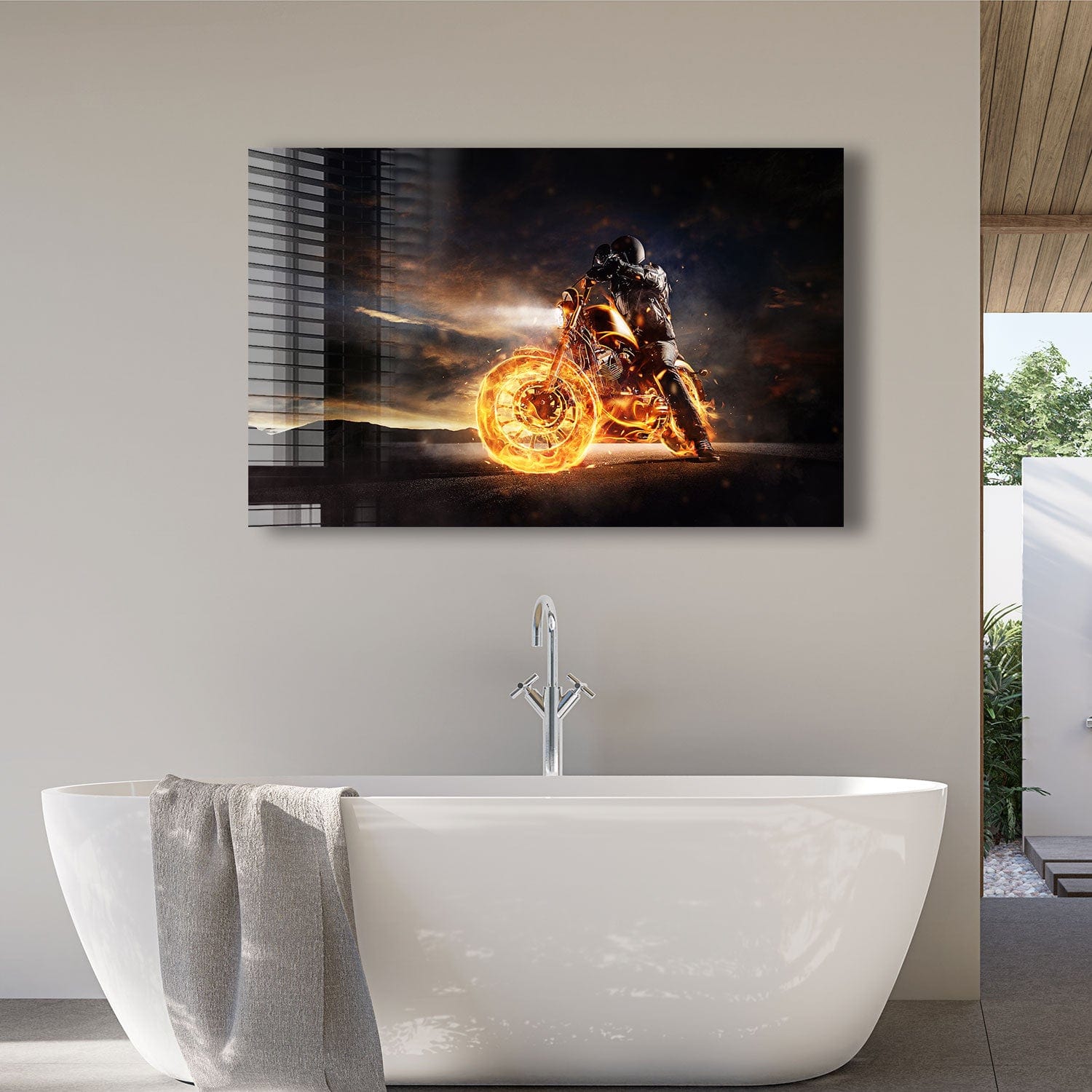 Artronauts Glass Print Motorbike In Fire