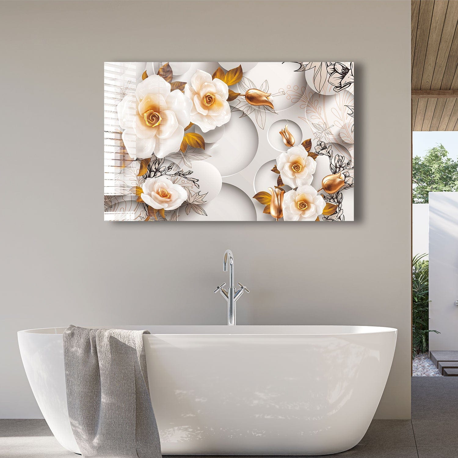 Artronauts Glass Print 110x70 Gold & White Roses