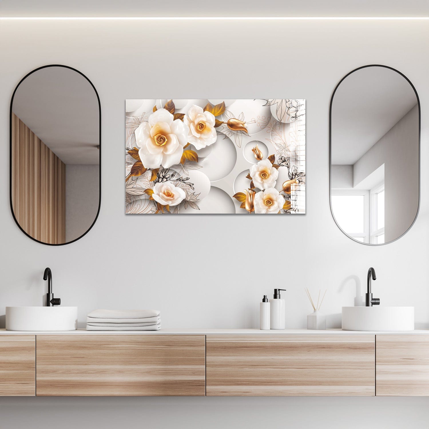 Artronauts Glass Print 72x46 Gold & White Roses